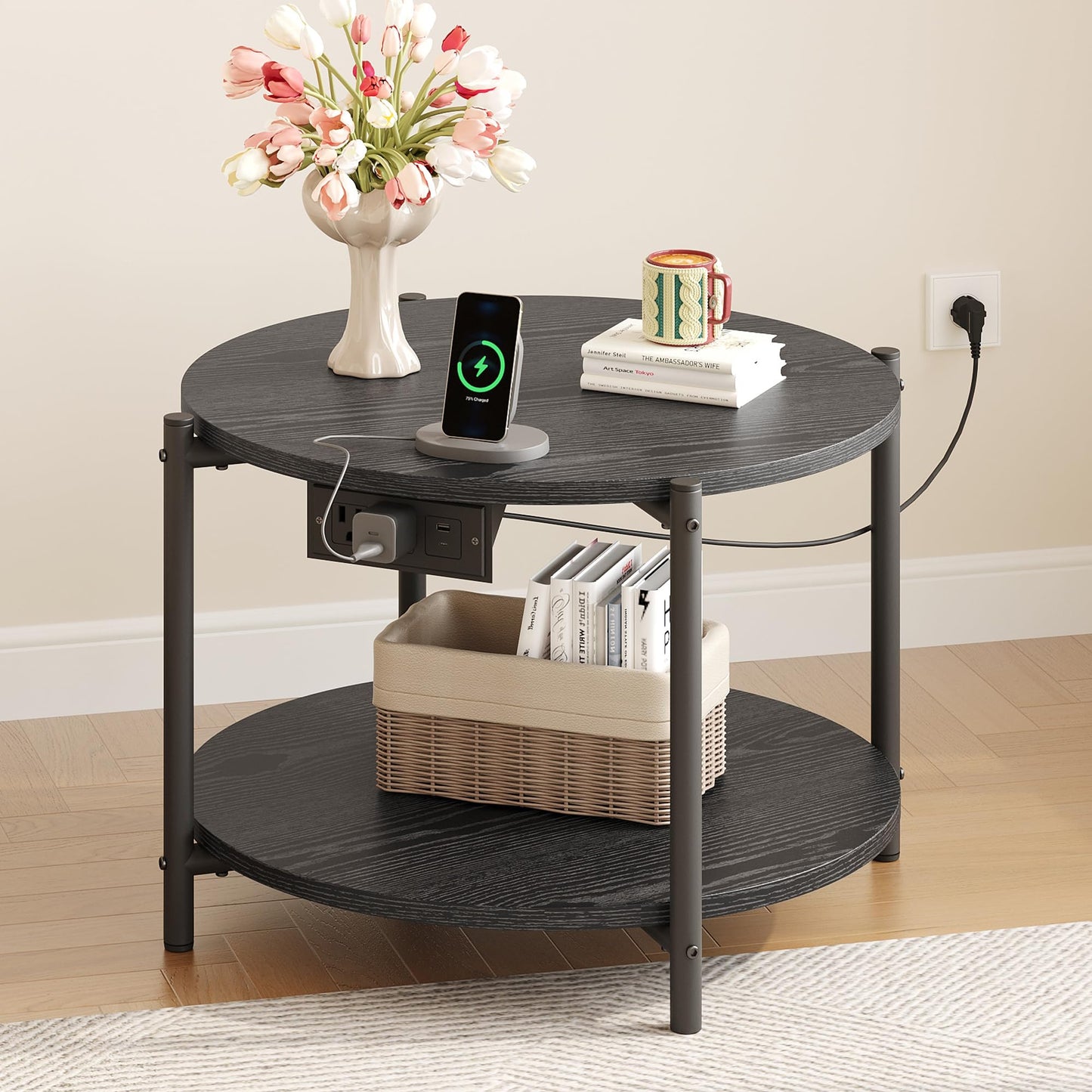 LIKIMIO Side Table, 23.6" W Round End Table with with Charging Station, Modern Wooden Nightstand for Small Spaces, Living Room, Bedroom, Black