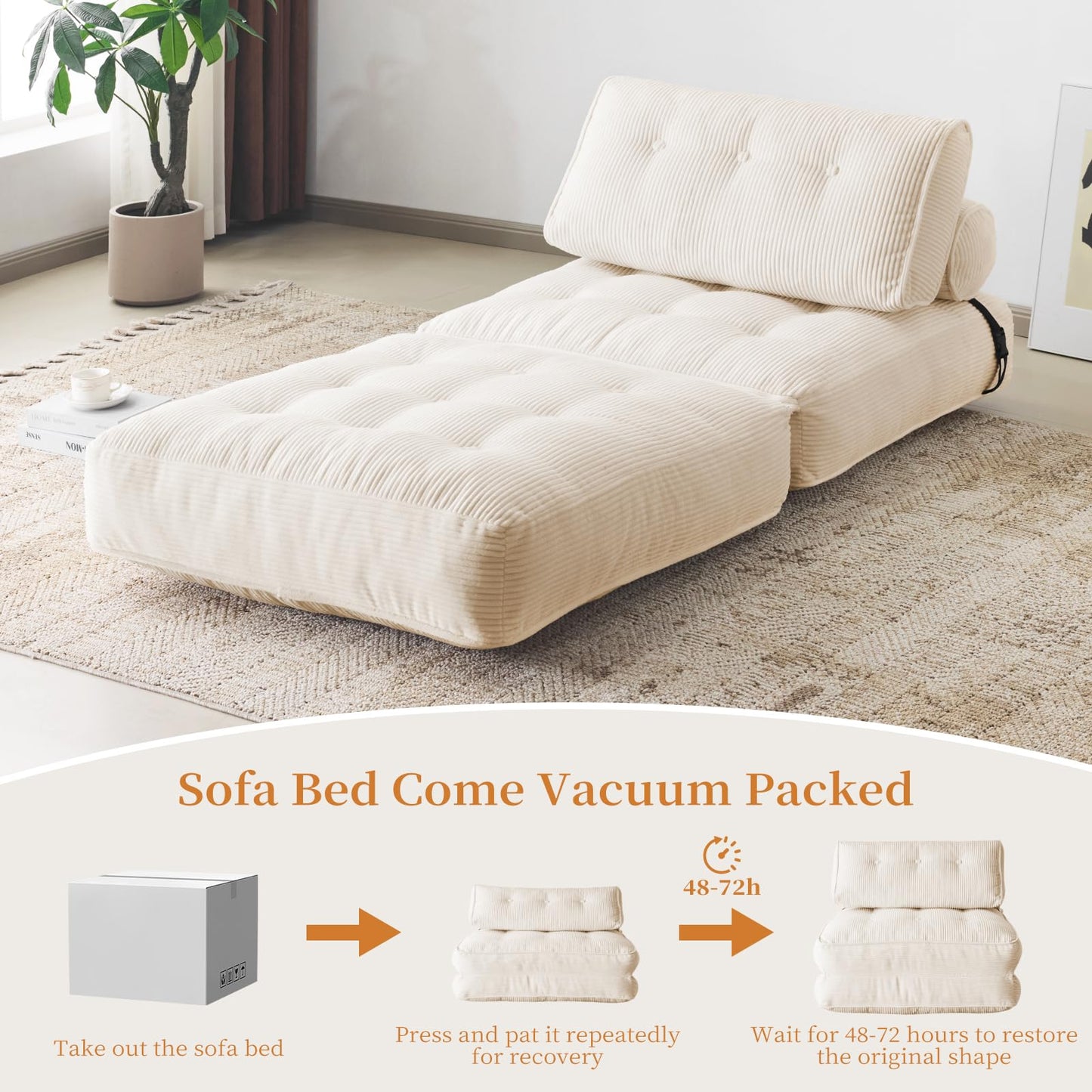 Furnimart Twin Size Folding Sofa Bed, 3 in 1 Convertible Sleeper Chair, Modern Single Sofa Lounge Chair, Small Pull Out Sleep Bed, Floor Futon Couch for Living Room, Corduroy Beige