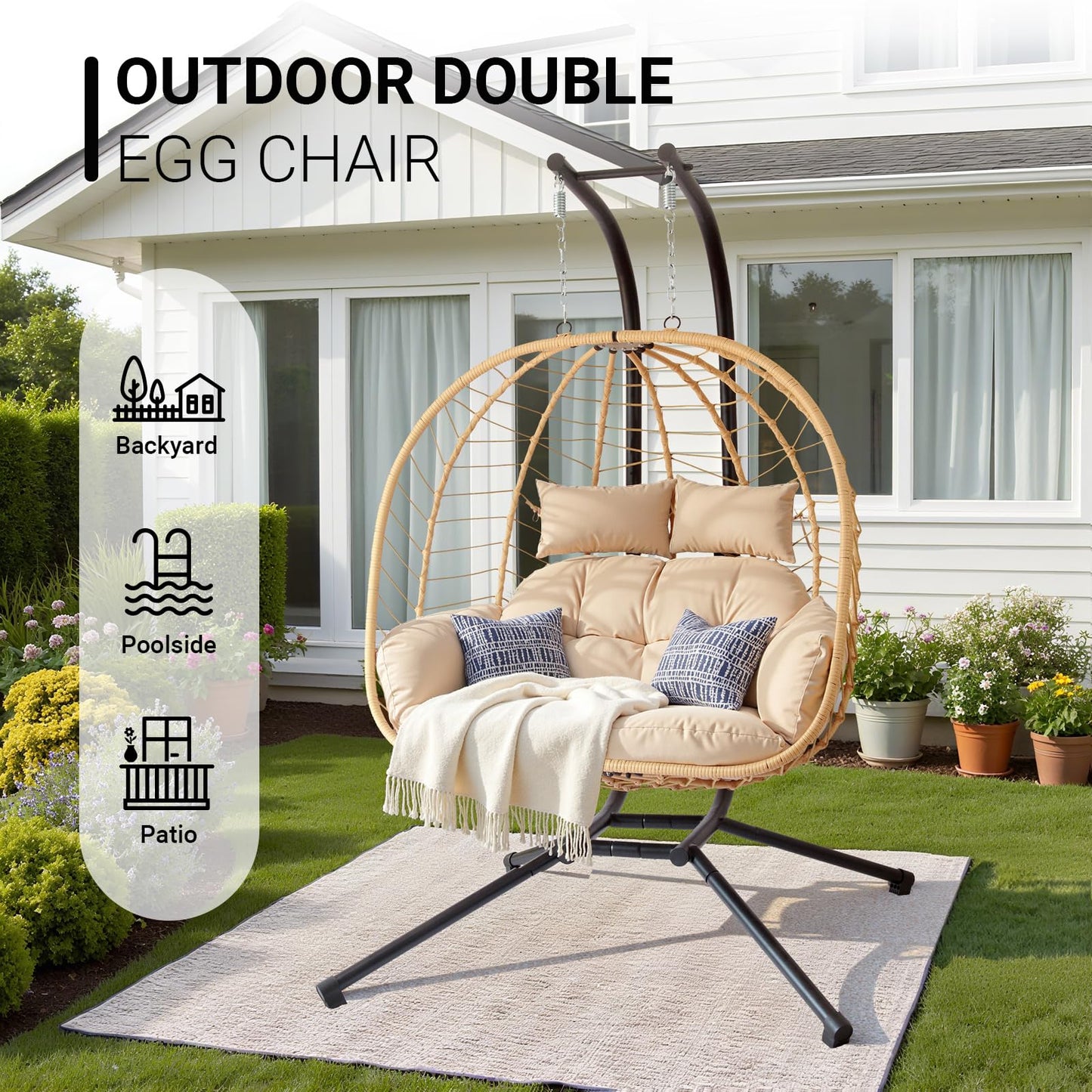 Double Egg Chair with Stand, Patio Wicker Hanging Swing Egg Chair Thickened, Galvanized Pipe Steel Frame and UV Resistant Cushion for Bedroom Garden Indoor Outdoor, 440LBS Capacity (Natural Beige)
