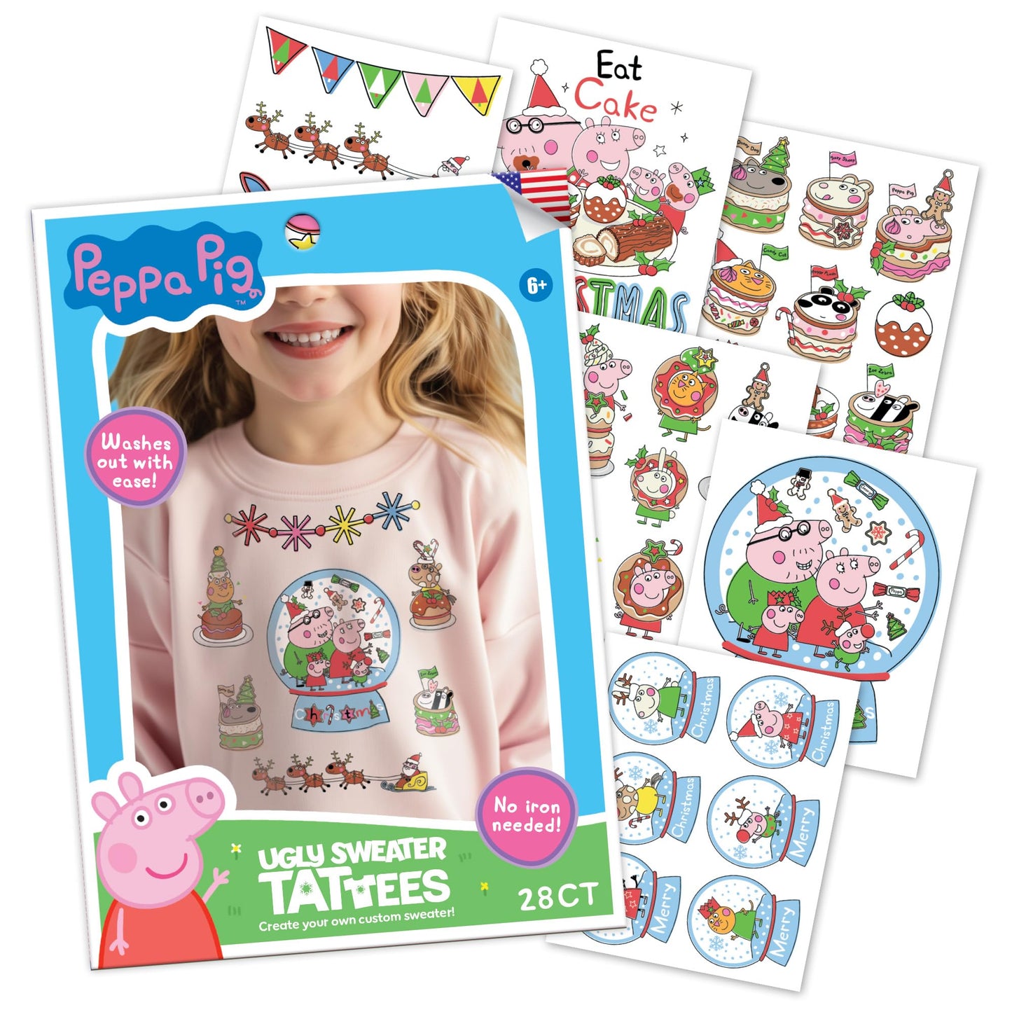 Savvi - Peppa Pig Ugly Sweater Kit, 28 Fabric Temporary Tattoos: Gifts for Kids Ages 6+, Holiday Tattoo, Made in the USA [6 Sheets, 28 Count]