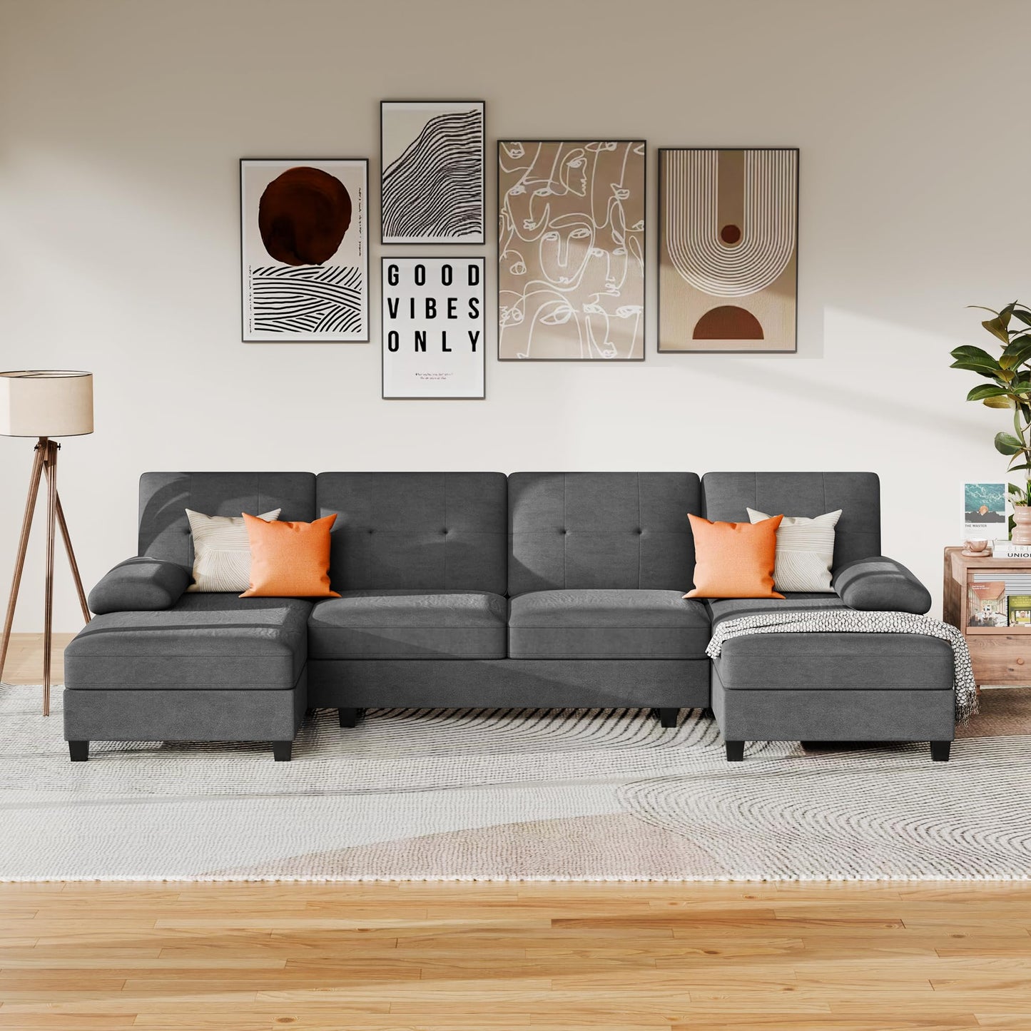 JAMFLY Sectional Sofa Couches for Living Room, U Shaped Sofa Living Room Furniture Sets, 4 Seat Modular Sectional Couch with Chaise, Black Grey