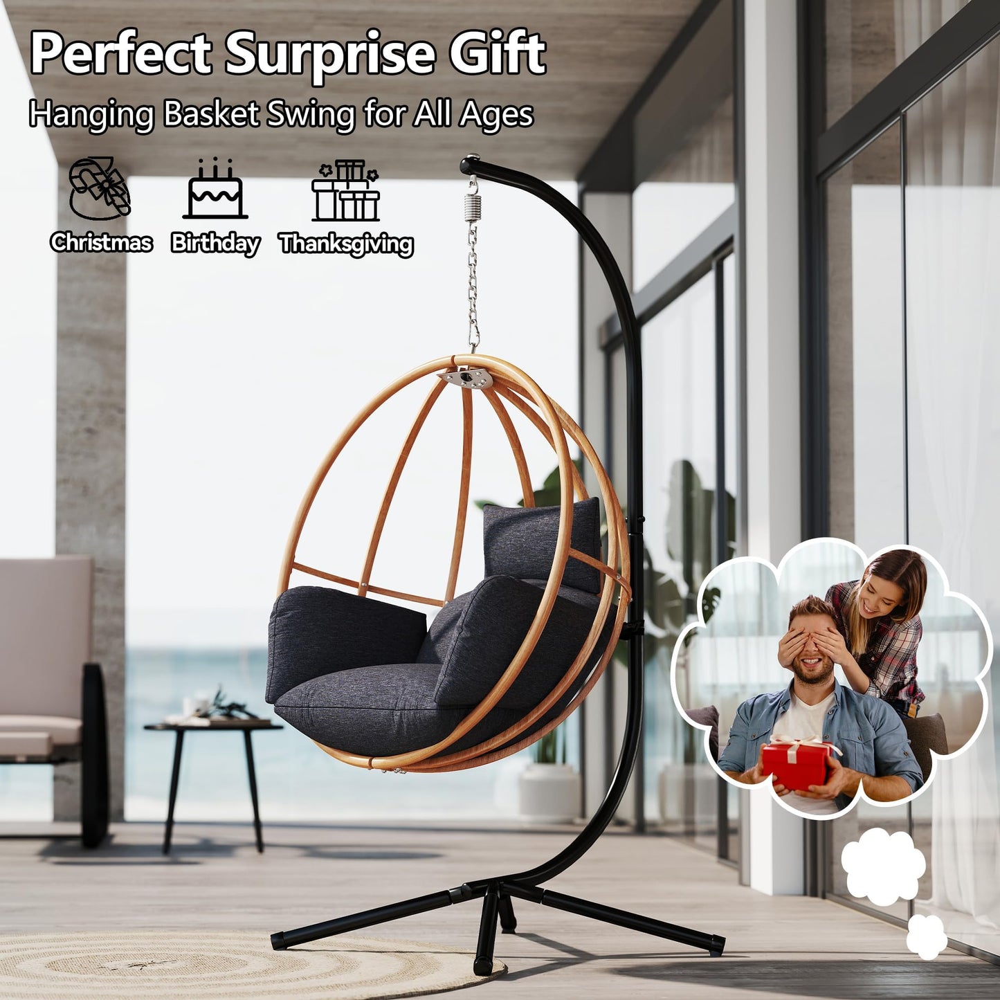 DAYARUS Egg Swing Chair with Stand, Metal Hanging Egg Chair with Cushions, Heavy Duty 400LBS Imitation Wicker Egg Chairs Outdoor, 80" H Hanging Chairs Cozy Basket Seat for Bedroom/Balcony, Charcoal