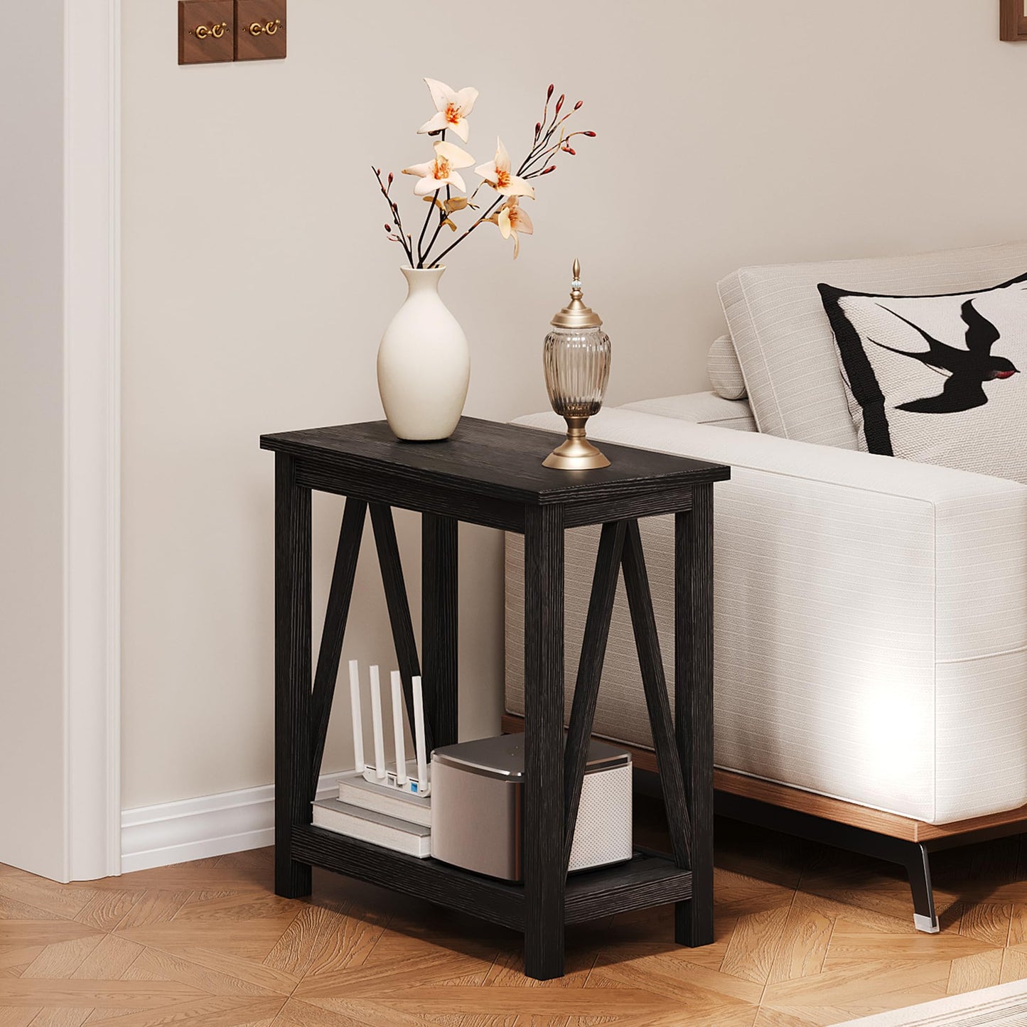 ChooChoo Farmhouse End Table, Narrow Side Table, Slim End Table with Storage Shelf for Small Spaces, Rustic Nightstand, for Living Room, Bedroom Black