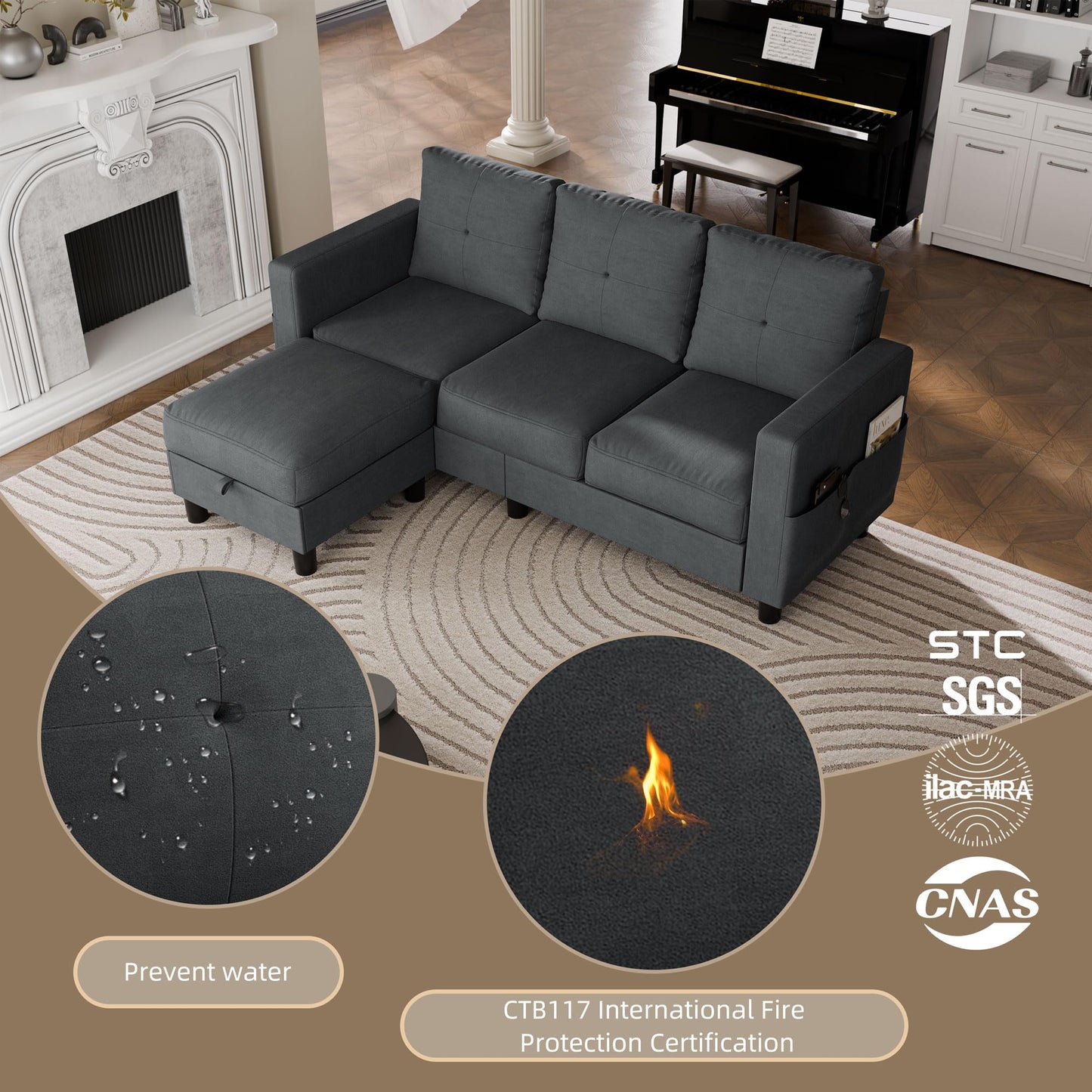 JAMFLY Convertible Sectional Couches for Living Room, L-Shaped Couch 3 Seat Sectional Sofa Set with Polyester Fabric and Movable Ottoman Small Couch for Apartments, Office, Black