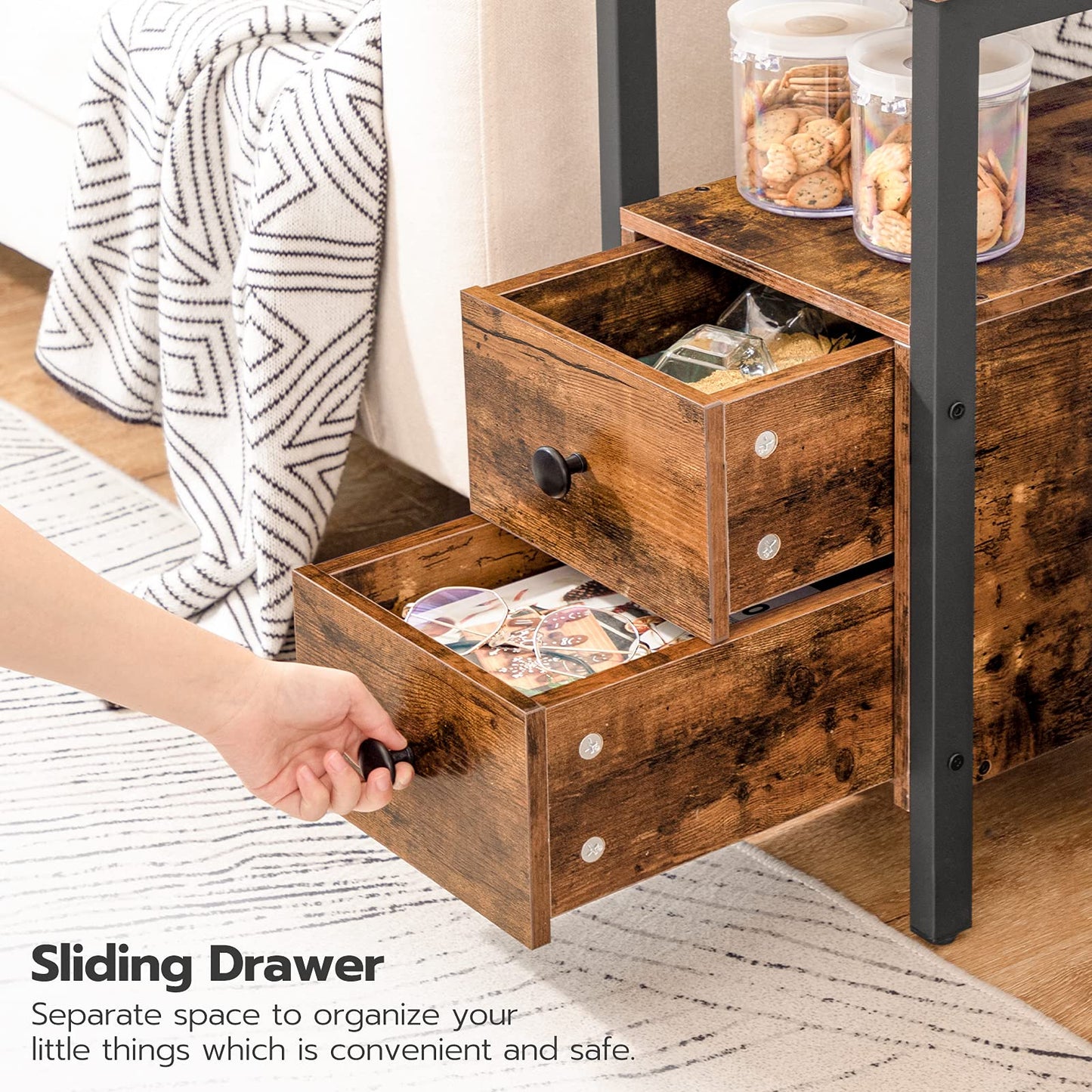 HOOBRO End Table with Charging Station, Narrow Side Table with 2 Drawer & USB Ports & Power Outlets, Nightstand for Small Spaces, for Living Room, Bedroom, Rustic Brown and Black BF541BZ01