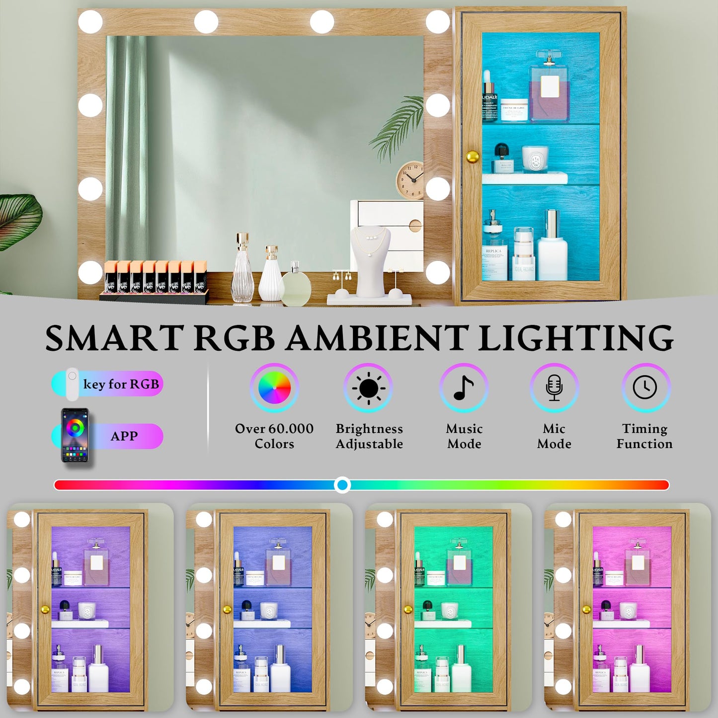 Fluted Vanity Desk with Mirror and Lights, 45" Glass Top Makeup Table Set with 5 Drawers, Power Outlet & Storage Cabinet, Large Dressing Table with RGB Ambient Light for Bedroom Women Girls, Oak