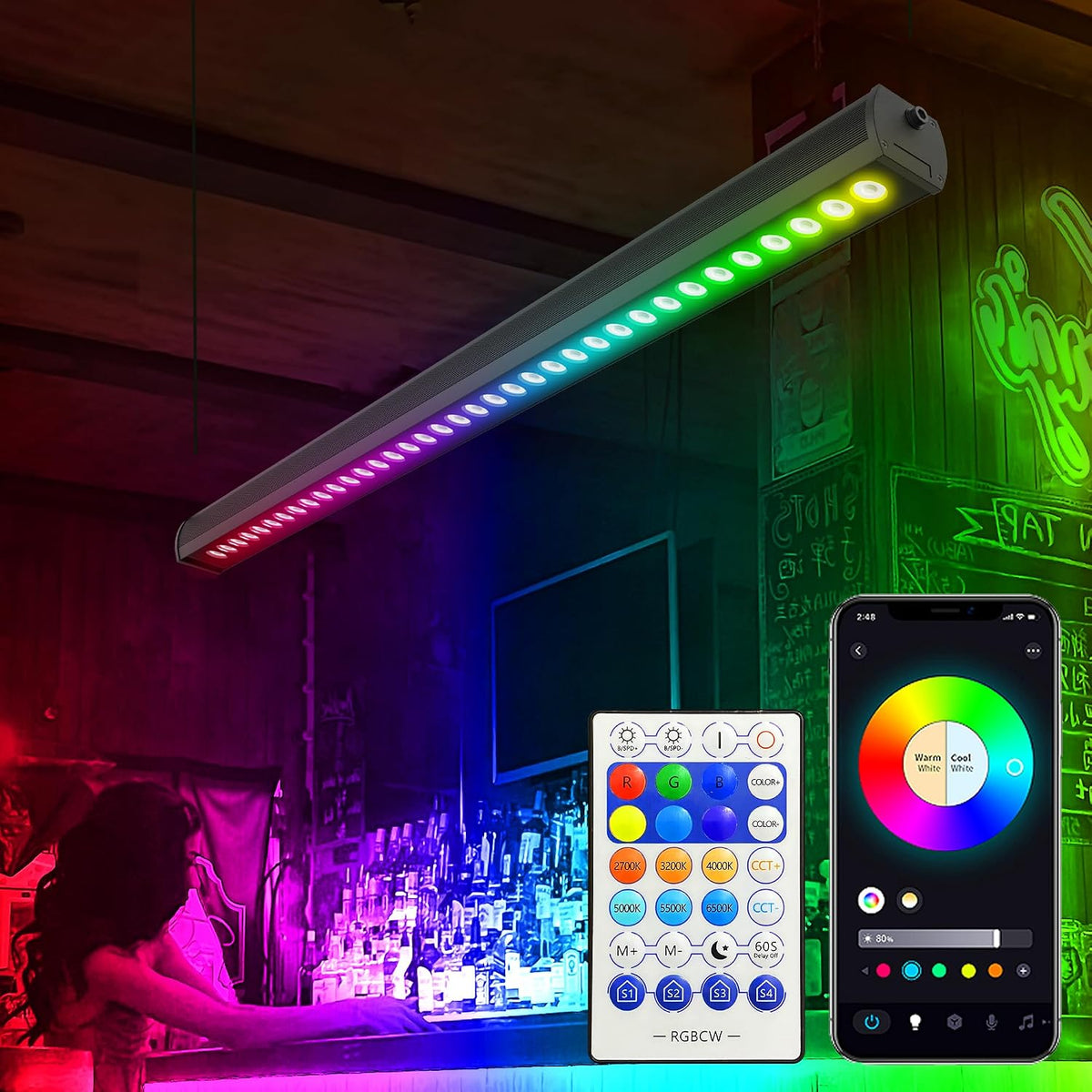 Smart LED Linear Wall Washer Light, 40 Inch Bluetooth Multi-Mount Pendant Light Versatility Hanging Fixtures, RGBCW 180W Dimmable Chandelier for Wall Washing, Adjustable Heigh