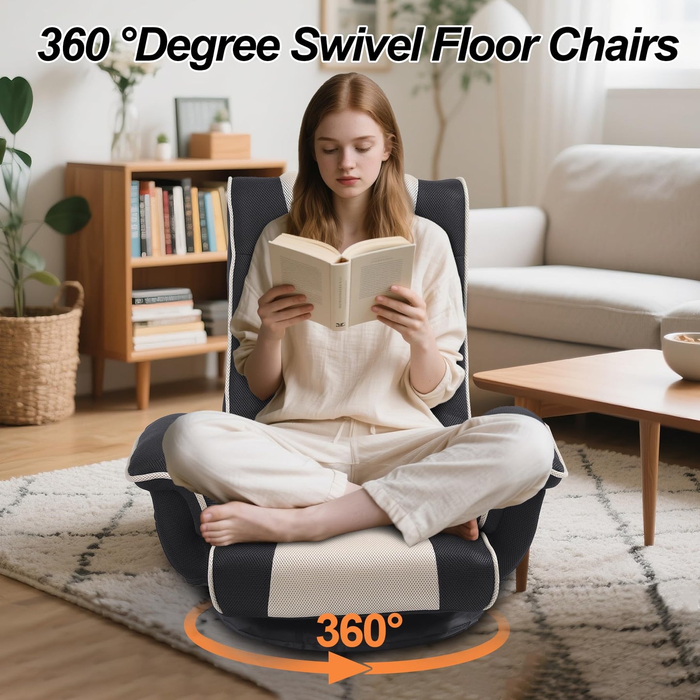 DeeLyan Swivel Floor Chairs for Adults, Floor Gaming Chair with Extra Wide Arms, Back Support 14 Angles Adjustable Comfortable Double Mesh Fabric Lazy Sofa for Video Game Chairs 201 (Grey + Beige)