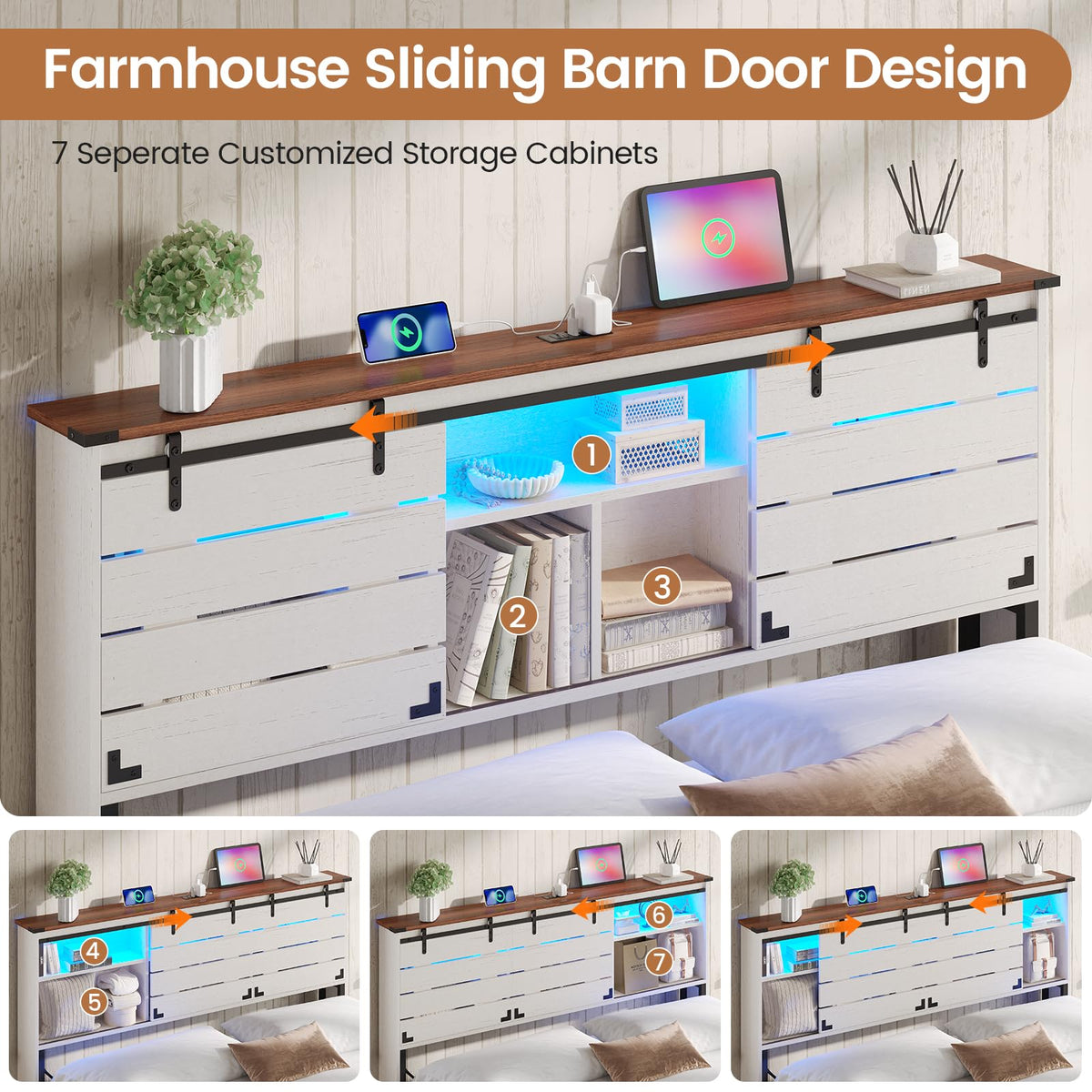 VIAGDO Wooden Bed Frame Full Size with Bookcase Headboard and Sliding Barn Door, Farmhouse Bed Frame Full Size with Charging Station, LED Lights and 4 Storage Drawers, No Box Spring Needed, White