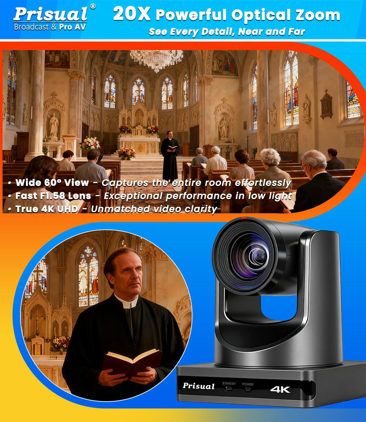 Prisual 4K NDI PTZ Camera, Advanced PTZ Auto Tracking 20X HDMI/USB3.0 PTZ Camera, TURE 4K 1/1.8” UHD 30P with Built-in Tally Light for Church Conference Events, PT20X-4K-N