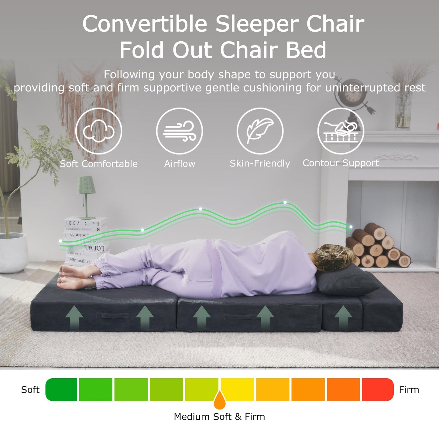 HILERO Folding Sofa Bed, 4 in 1 Convertible Sleeper Chair with Pillow, Single Memory Foam Fold Out Chair Bed, Modern Floor Futon Sofa Couch Mattress for Living Room/Guest/Apartment, Dark Grey