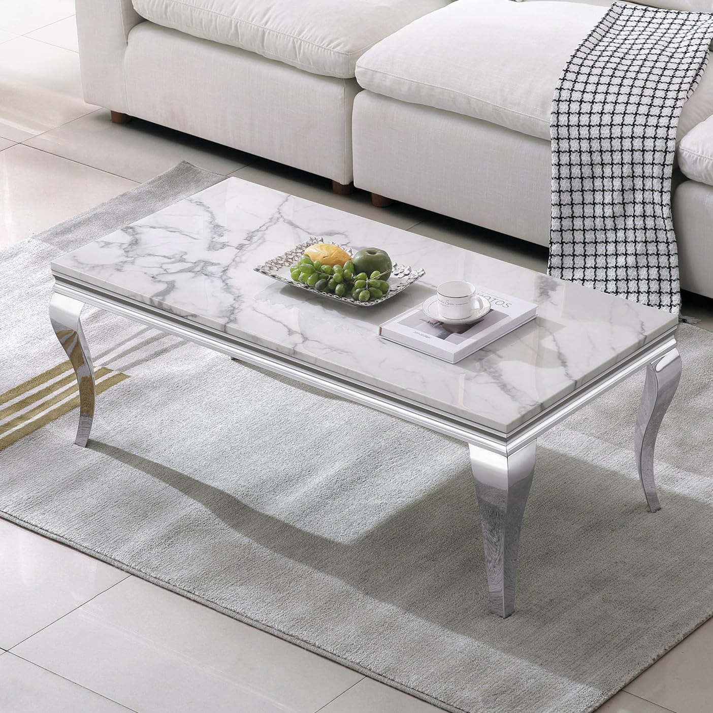 SSLine Modern 3 Piece Living Room Table Set, Includes 1 Coffee Table & 2 End Tables, Luxury Faux Marble Coffee End Table Set with S-Shape Stainless Steel Legs (White Marble& Silver3)