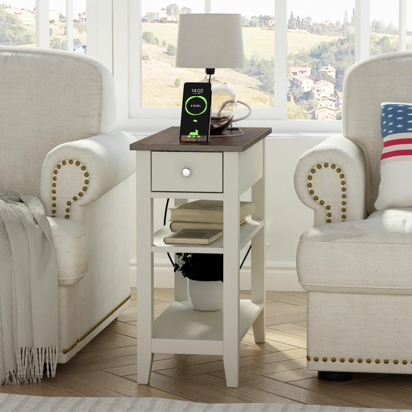 ChooChoo Farmhouse end Table Living Room Set of 2, Sofa Side Table Living Room with Charging Station,Narrow Night Stand with USB Ports & Power Outlets and Hidden Drawer