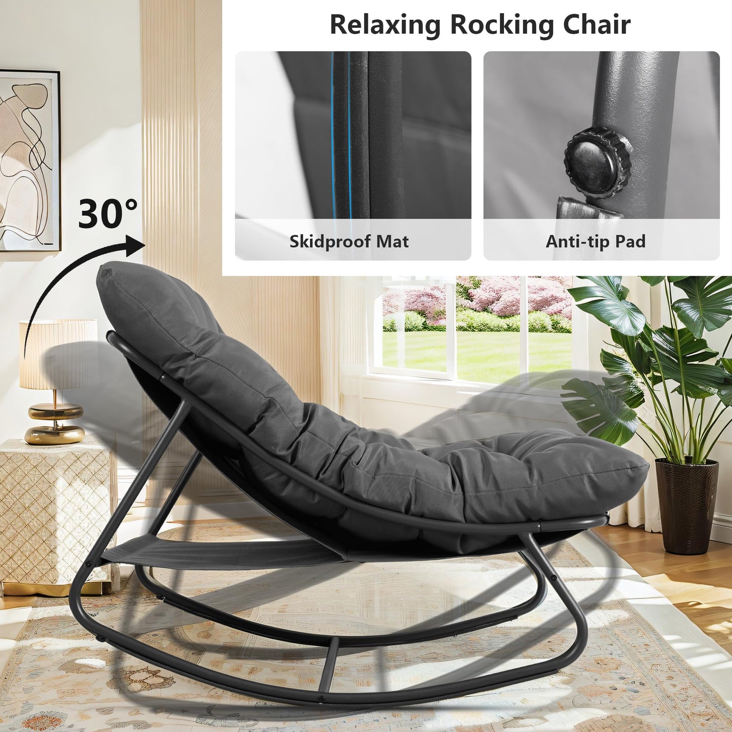 NOBLEMOOD 4 Pieces Patio Loveseat Set with Coffee Table, Outdoor Furniture Set with 2 Rocking Chairs, Outdoor Metal Conversation Set with Cushions, Oversized Rocker Chair, Coffee Table for Porch