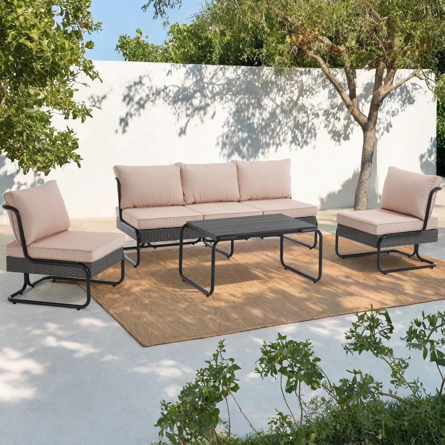 DAYARUS 4 Piece Patio Furniture Set, Modern Patio Conversation Set for 5, All Weather Bistro Furniture Set, Metal Patio Sofas Outdoor Sectional with Coffee Table and Cushions for Lawn/Garden, Khaki
