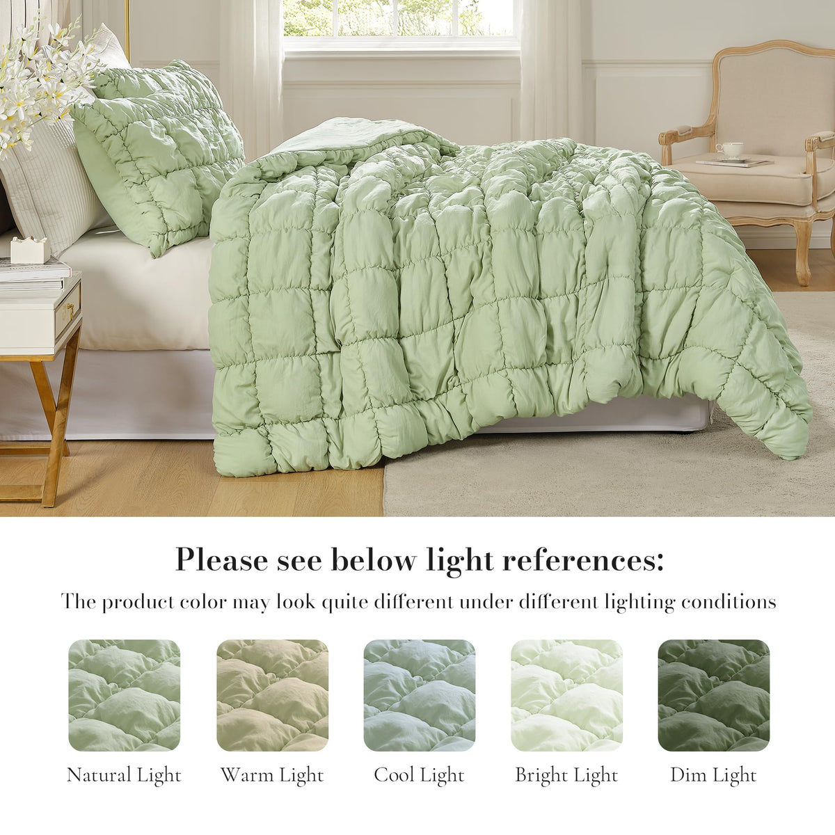 Amélie Home Sage Green Comforter Set Queen, Bubble Lightweight Bed Set Queen Size for All Seasons, 3 Pieces, Bedding Set with Comforters and Pillow Cases