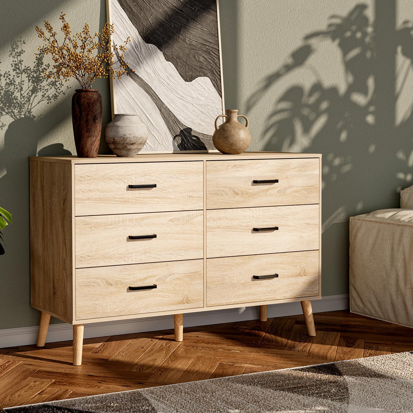 Bigbiglife Wood Dresser for Bedroom, 6 Drawer Dresser with Metal Handles, Mid Century Modern Dresser Double Chest of Drawer (Light Oak)