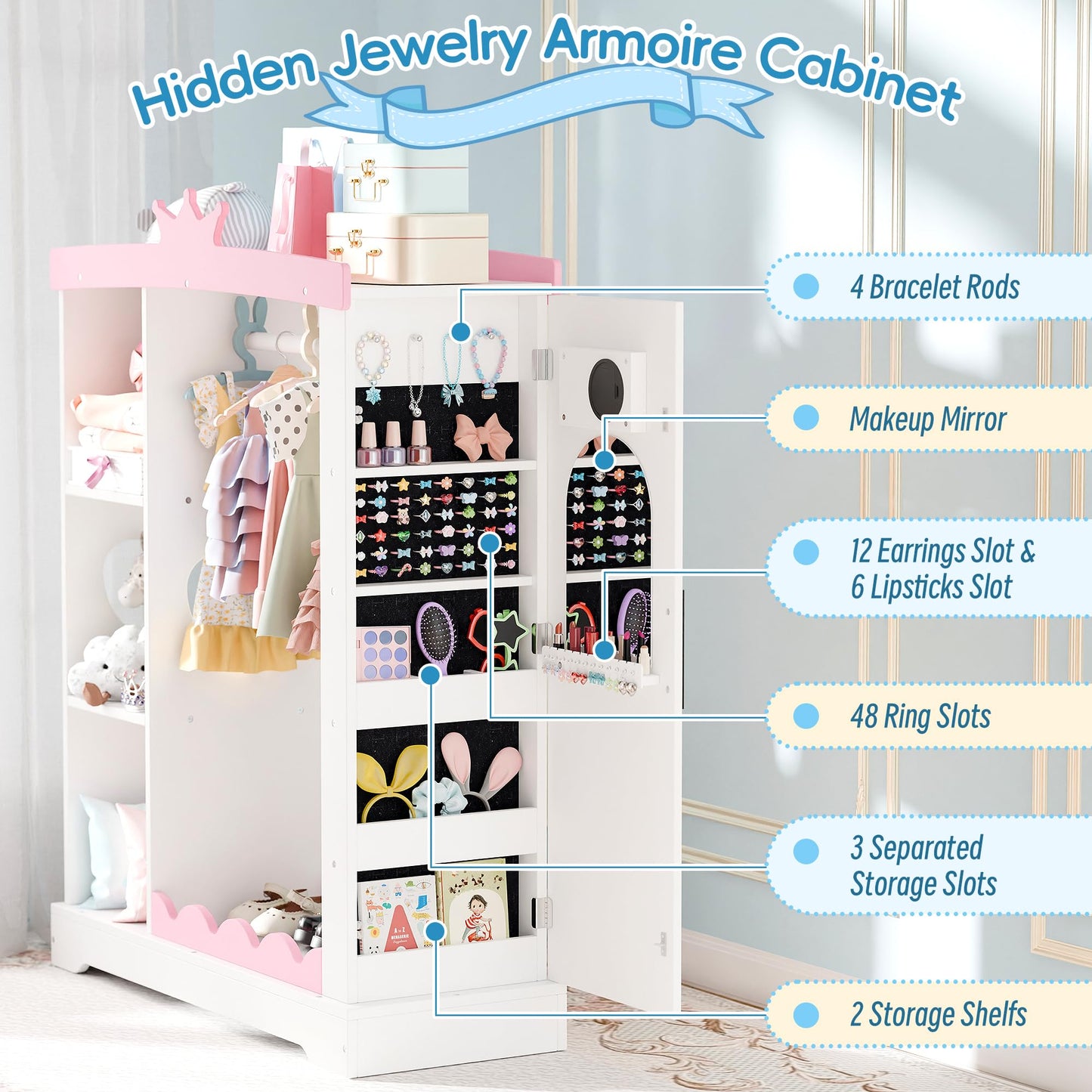 Betterhood Kids Closet with Jewelry Cabinet, Dress up Storage with Shelves&Mirror, Costumes Wardrobe Closet with Hanging Rack for Toddlers,Organizer for Bedroom, (Kids' Armoires, White)