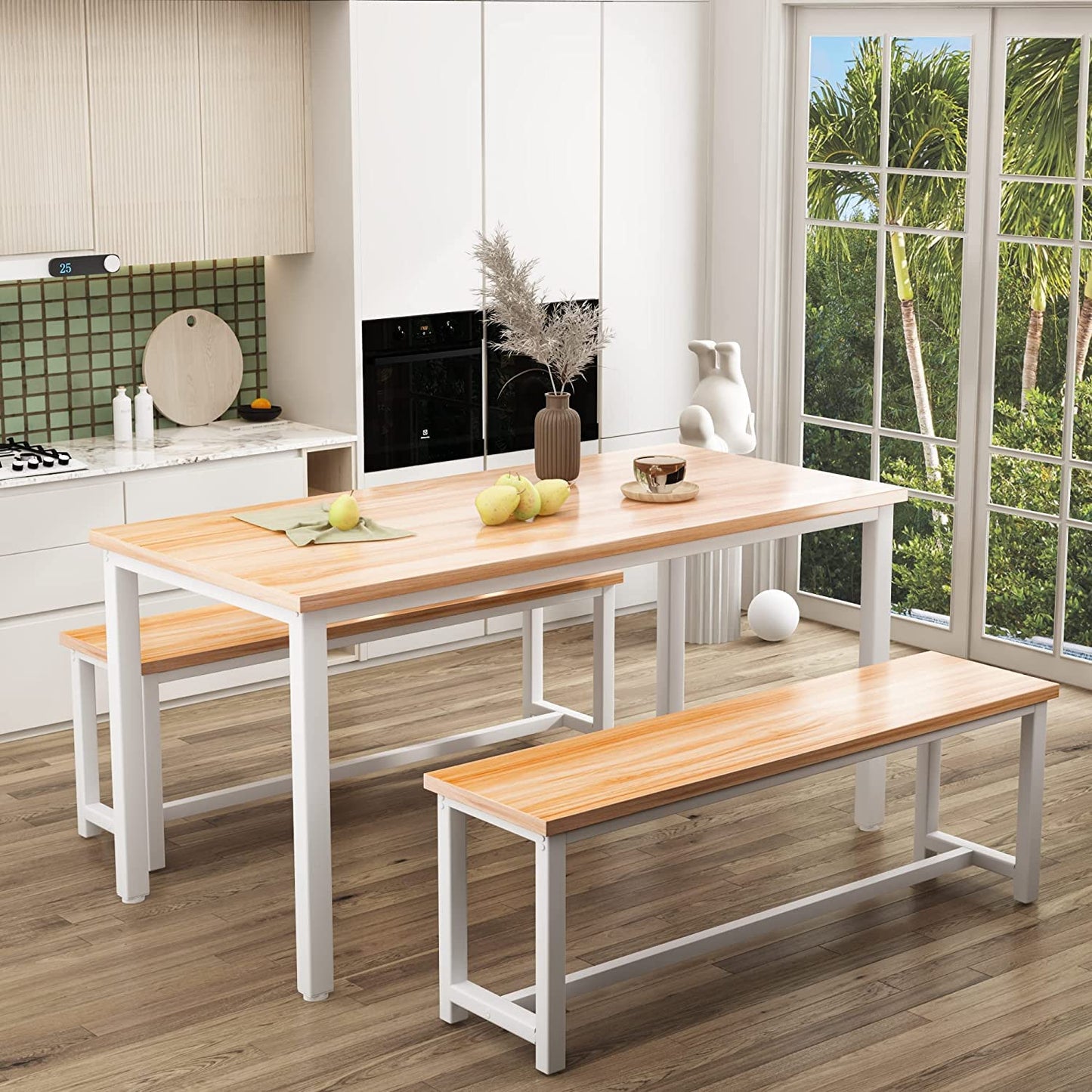 LinkRomat Dining Room Table Set with 2 Benches, Farmhouse Dining Table Set for 4, Wood Breakfast Dinner Table Set for Breakfast Nook Small Spaces, Beige