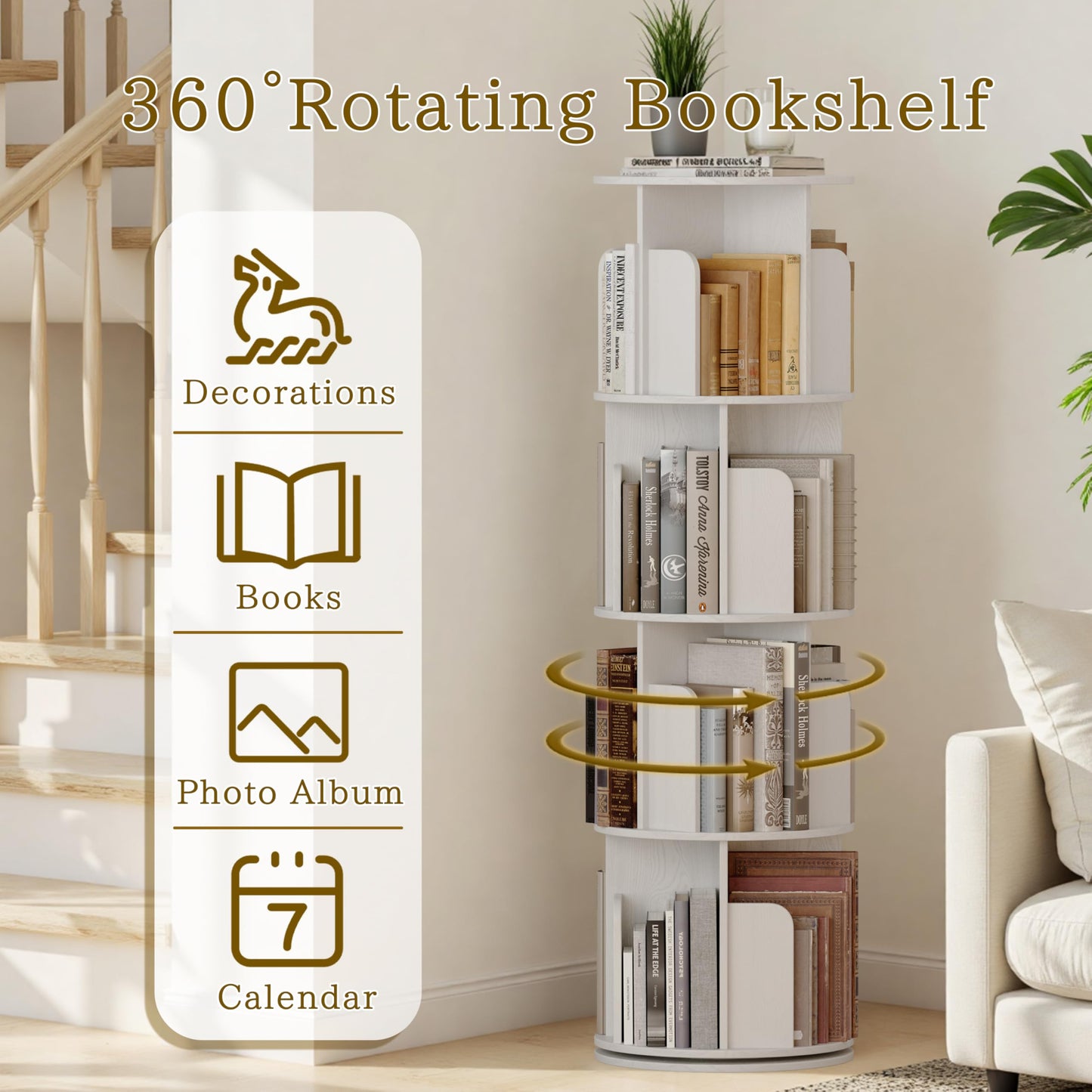 VDNEND Wooden 4 Tier Rotating Bookshelf, Spinning Bookshelf Tower,Modern Revolving Small Bookcase for Corner,Living Room,Bedroom (Embossed White, 4-Tier)