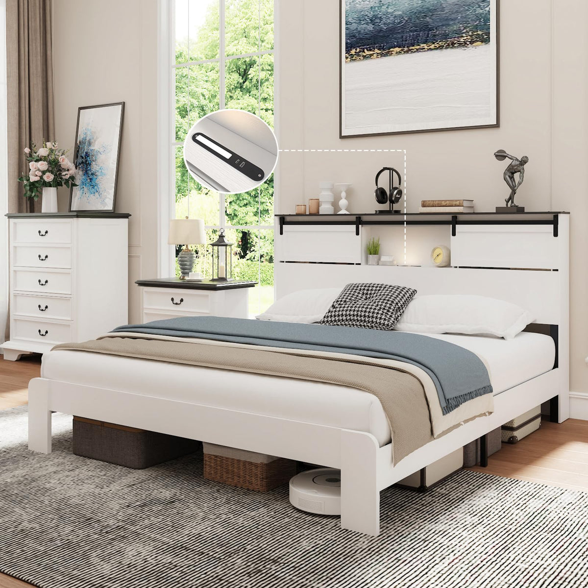 QNICE King Size Wooden Bed Frame with Storage Headboard, LED Lights & Charging Station, Sliding Barn Door, Farmhouse Wood Platform Bed with Metal Slats Support, Boho White