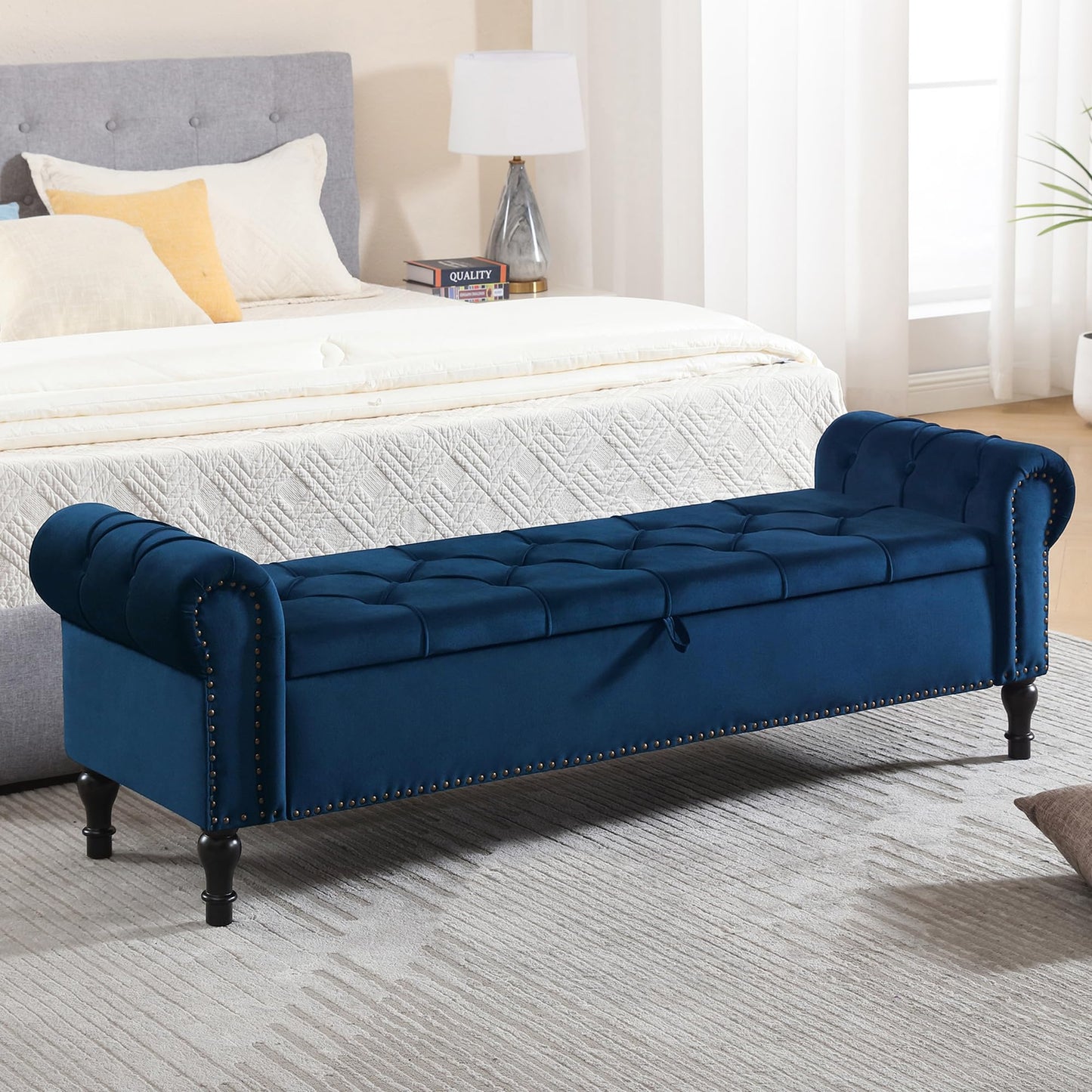 HOMYKA Velvet Storage Bench 67 Inch Upholstered Tufted Ottoman Bench with Arms Large Storage Space King Size End of Bed Bench for Bedroom Living Room Entryway Navy Blue
