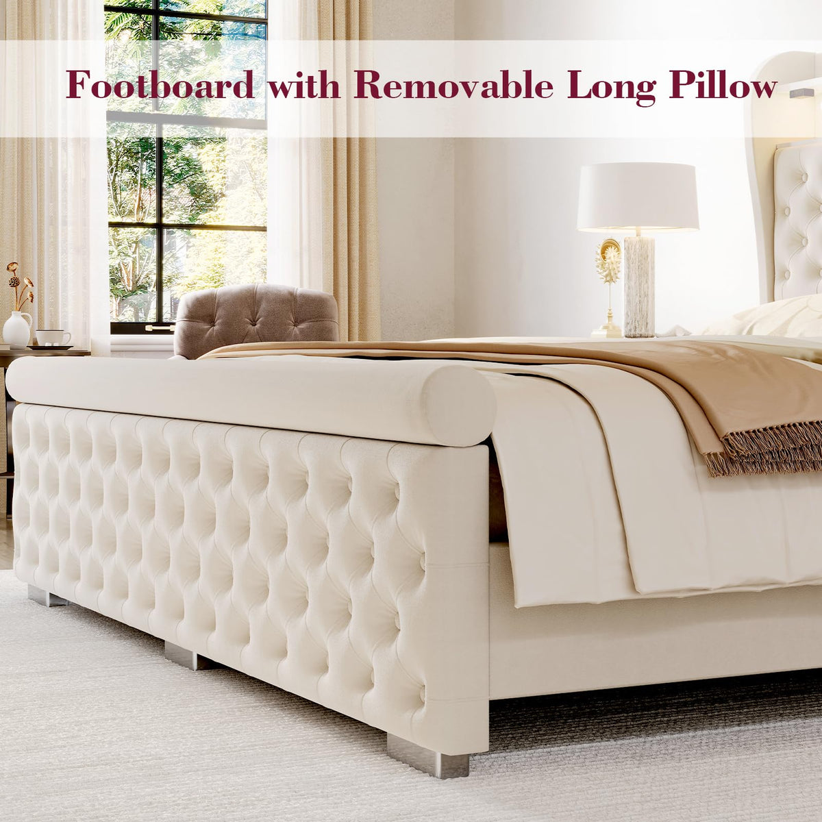 ROCHECASA Queen Bed Frame with Bookcase Storage and Charging Station, 50.6" Tall Velvet Upholstered Sleigh Bed with LED Light, No Box Spring Needed, Easy Assemble, Cream