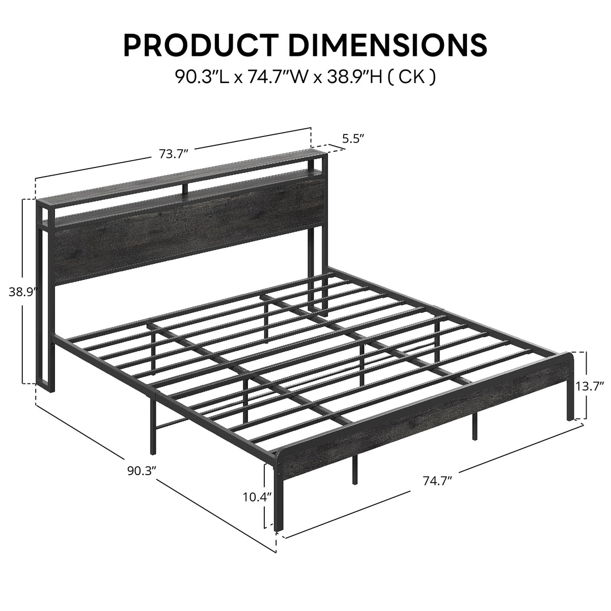 LIKIMIO California King Bed Frame with Headboard, Dark Wood Camas California King with Strong Supports, Sturdy, Noise-Free, No Box Spring Needed, Charcoal Grey
