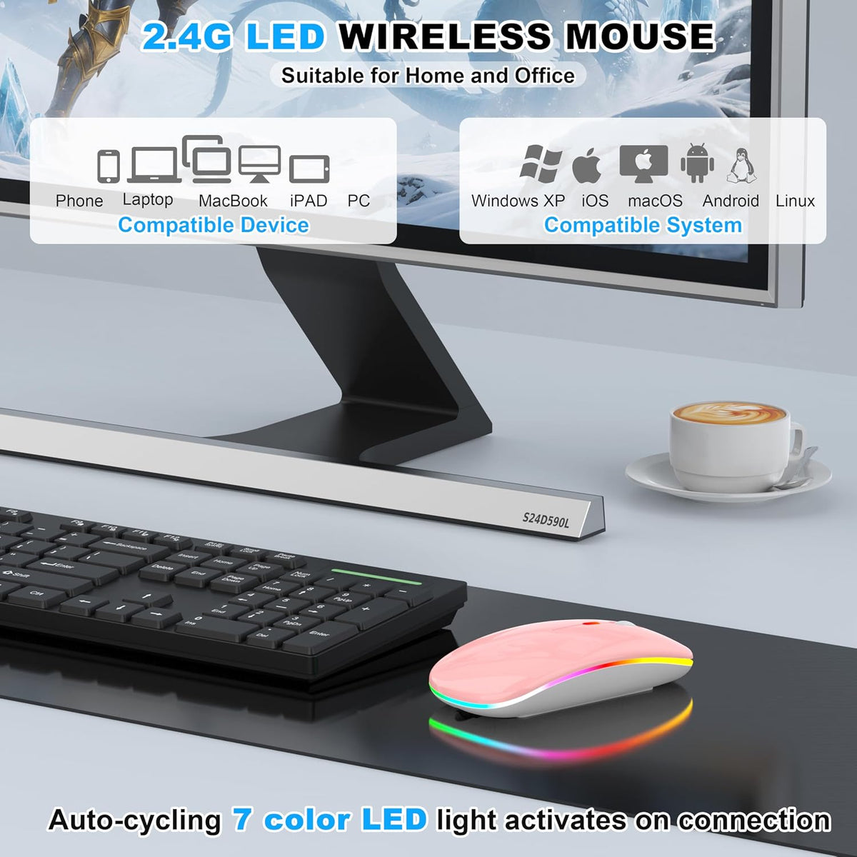LED Bluetooth Wireless Mouse for MacBook Air Mac Pro Laptop iPad–Baby Pink