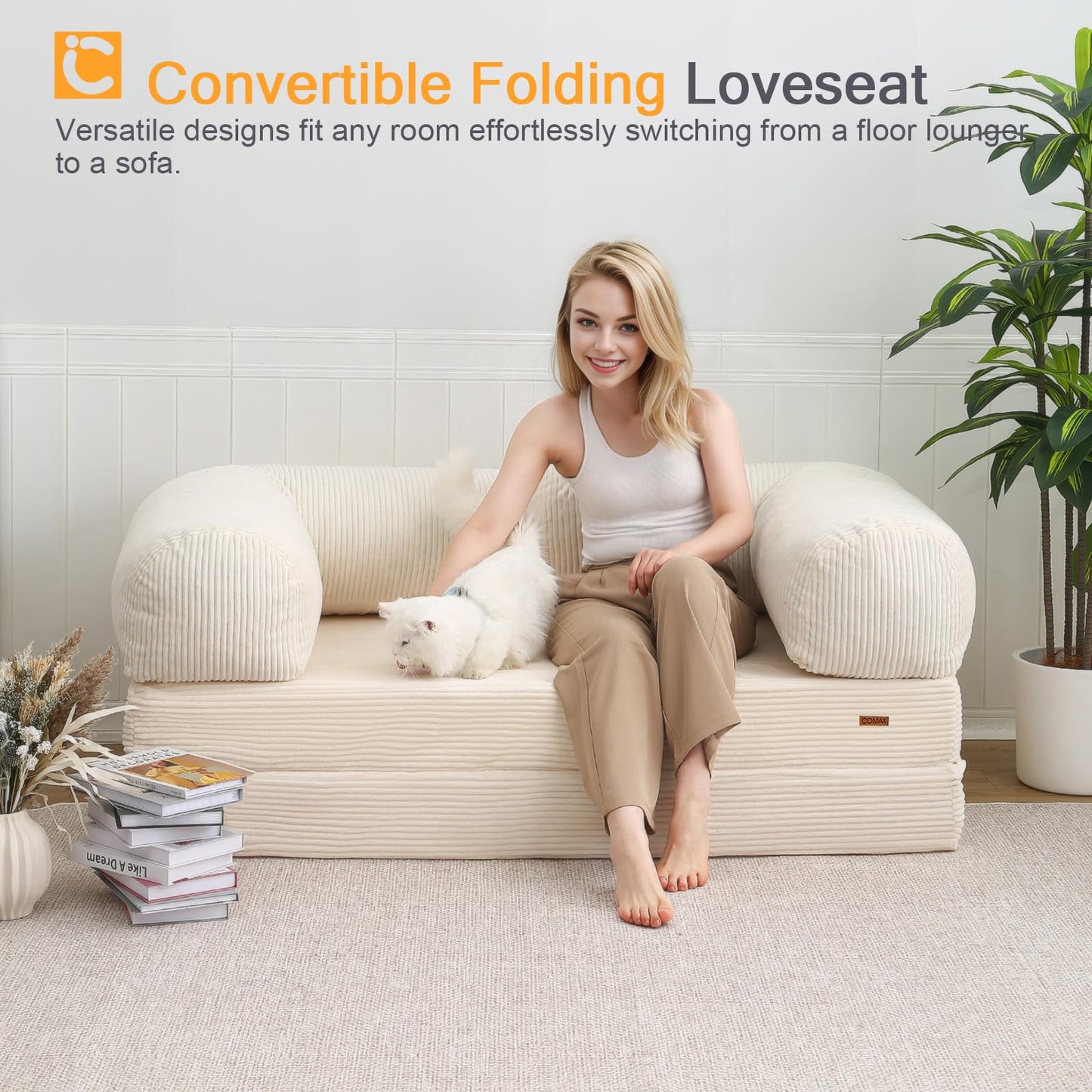 COMAX Folding Sofa Bed Queen, 4-in-1 Foldable Floor Couch Convertible Futon Sofa with Armrests Sleeper Mattress Chair Bed Comfy Portable Fold Out Lounge Guest for Living Room Bedroom, Beige