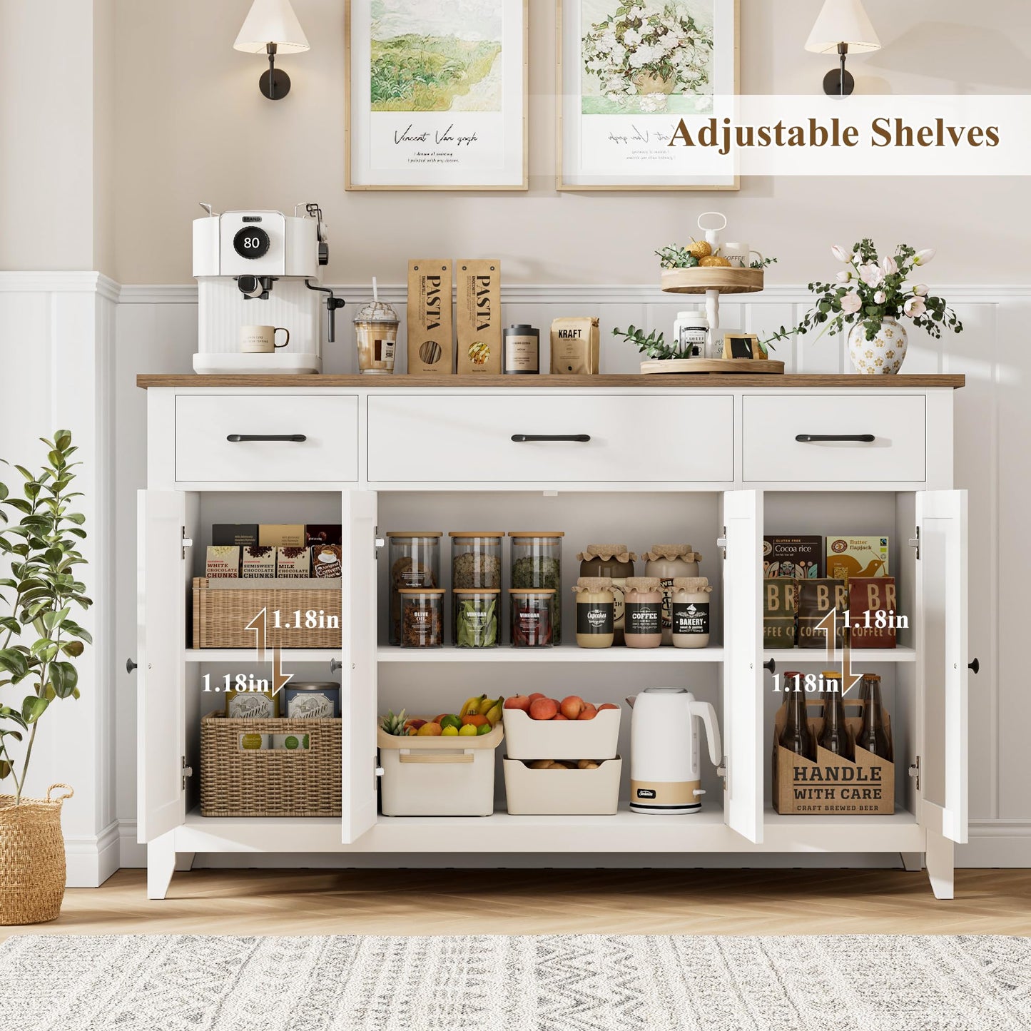 HORSTORS 55" Buffet Cabinet, Modern Farmhouse Sideboard Buffet with Drawers, Large Kitchen Storage Cabinet with Adjustable Shelves, Wood Coffee Bar for Kitchen, Dining Room, Living Room, White