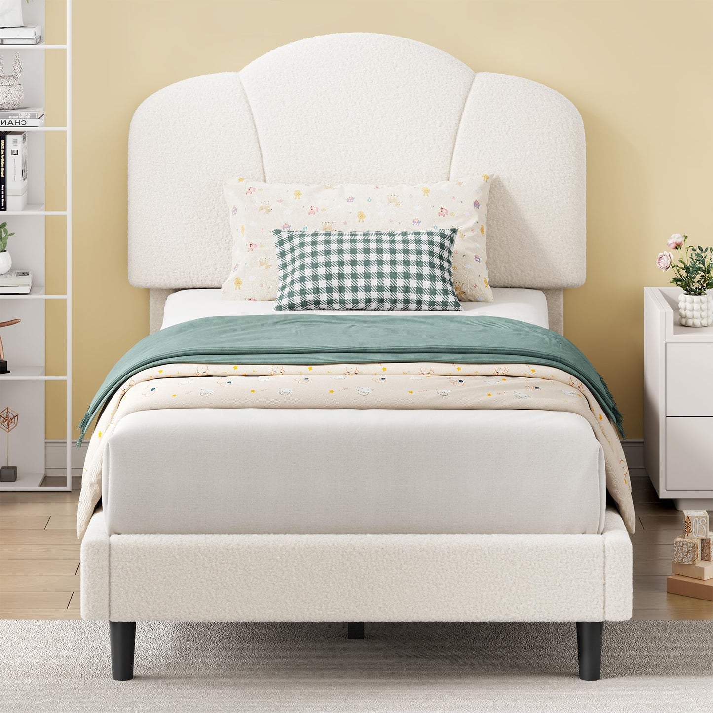 LIKIMIO Twin Size Bed Frame, Upholstered Twin Platform Bed with Headboard Lamb Velvet Twin Beds, No Box Spring Needed with 800LBS Sturdy Wooden Slats Support, Noise Free, Easy Assembly, White