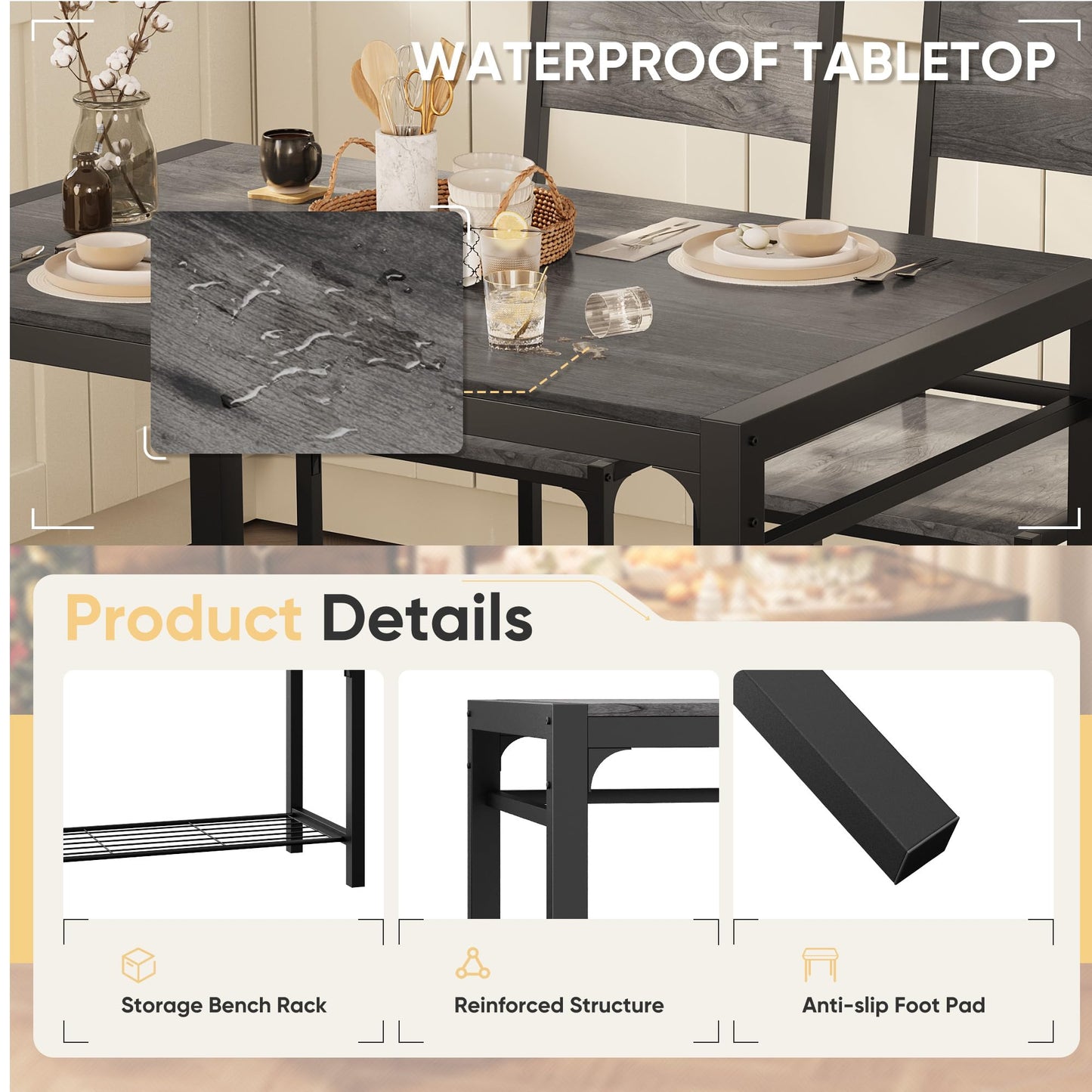 Shahoo Kitchen Table and 2 Chairs for 4 with Bench, 4 Piece Dining Sets for Small Space, Dark Grey