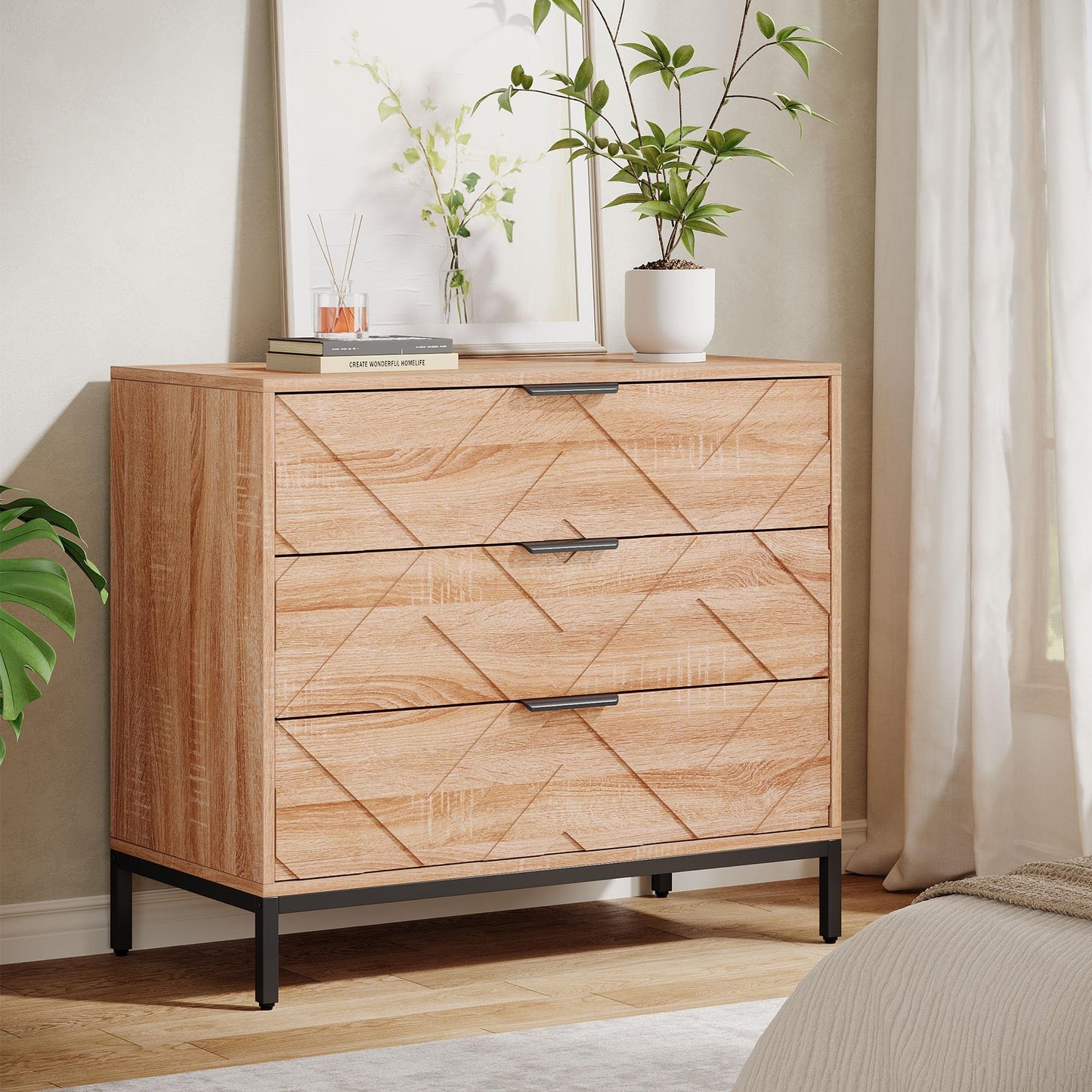 Tribesigns Wooden Nightstand with 3 Drawers, 31" Wide Night Stand with Metal Legs, Modern Large Bedside End Table for Bedroom, Living Room (1)