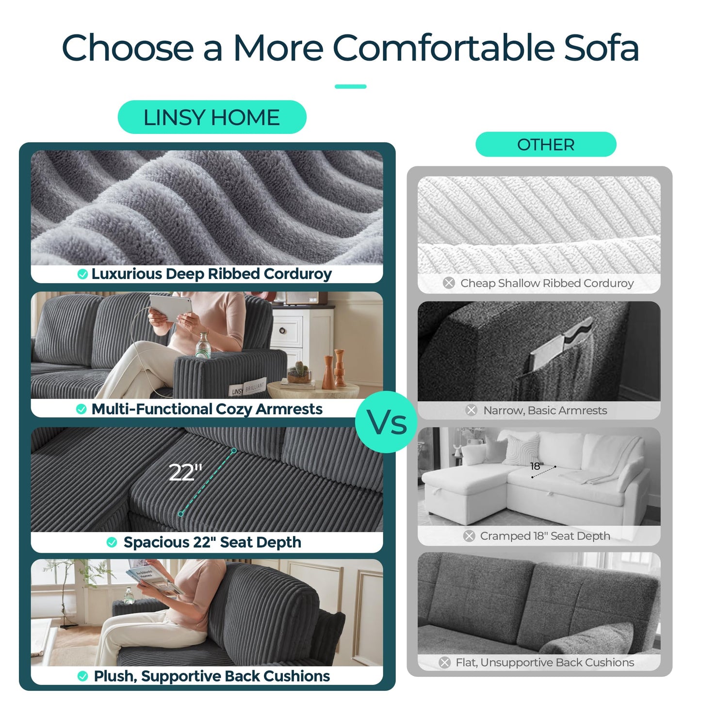 LINSY HOME Sectional Sleeper Sofa with Pull Out Couch Bed Convertible Plush Corduroy Cloud Couch with Storage Chaise & USB Charging, Comfy L Shaped Modular Couches for Living Room Apartment (Grey)