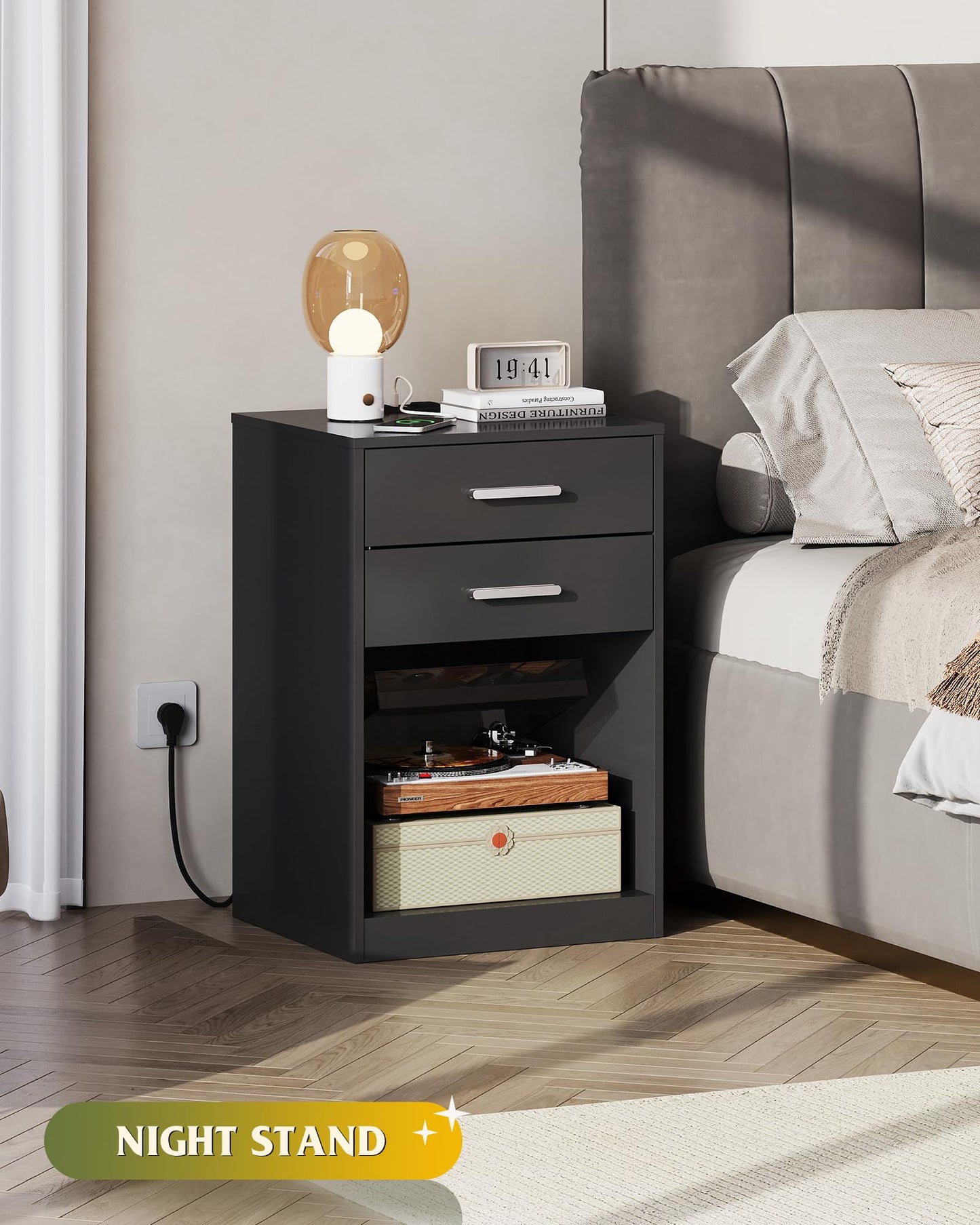 WLIVE Nightstand Set of 2 with Charging Station, Wood Night Stand Sets with 2 Drawers and Open Shelf, Bed Side Tables Bedroom, Living Room, Black