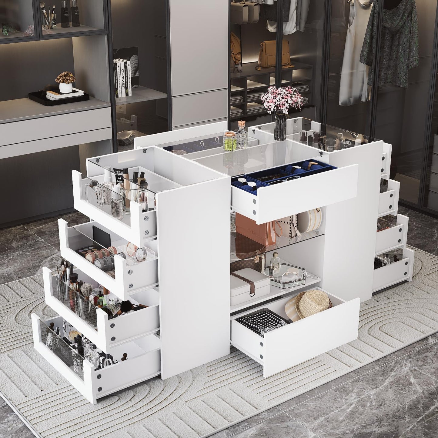LIVAUVEAD Closet Island with Drawers, Wardrobe Armoire Bedroom Island, Glass Display Shelf & 12 Drawers, White Dresser with Glass Top, Walk-in Closet Island for Bedroom, Cloakroom