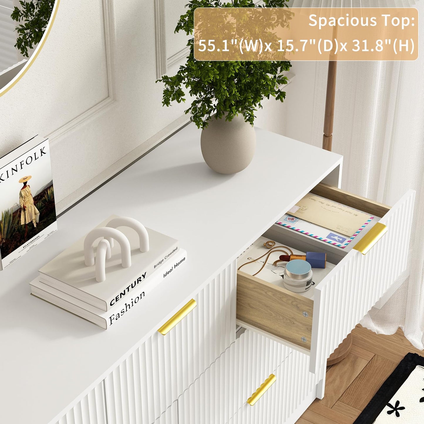 Sscaktu 7 Drawers Dresser for Bedroom,55" Wide Fluted Dresser with Deep Drawers, Modern Chest of Drawers, Wood TV Stand Storage Organizer for Closet, Living Room, Hallway, White