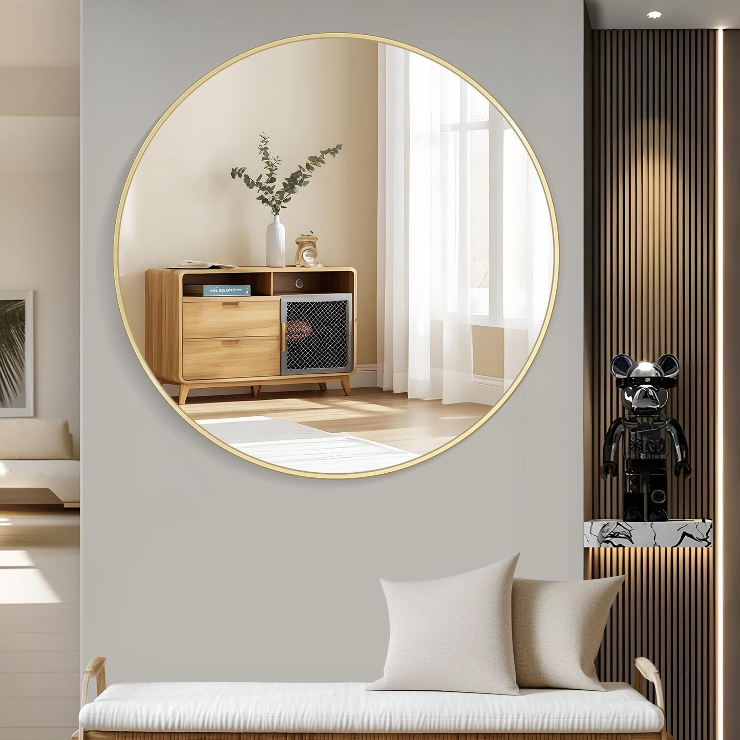 Koonmi 42" Gold Circle Mirror Wall Mounted Round Mirror with Metal Frame for Bathroom/Living Room/Vanity/Bedroom