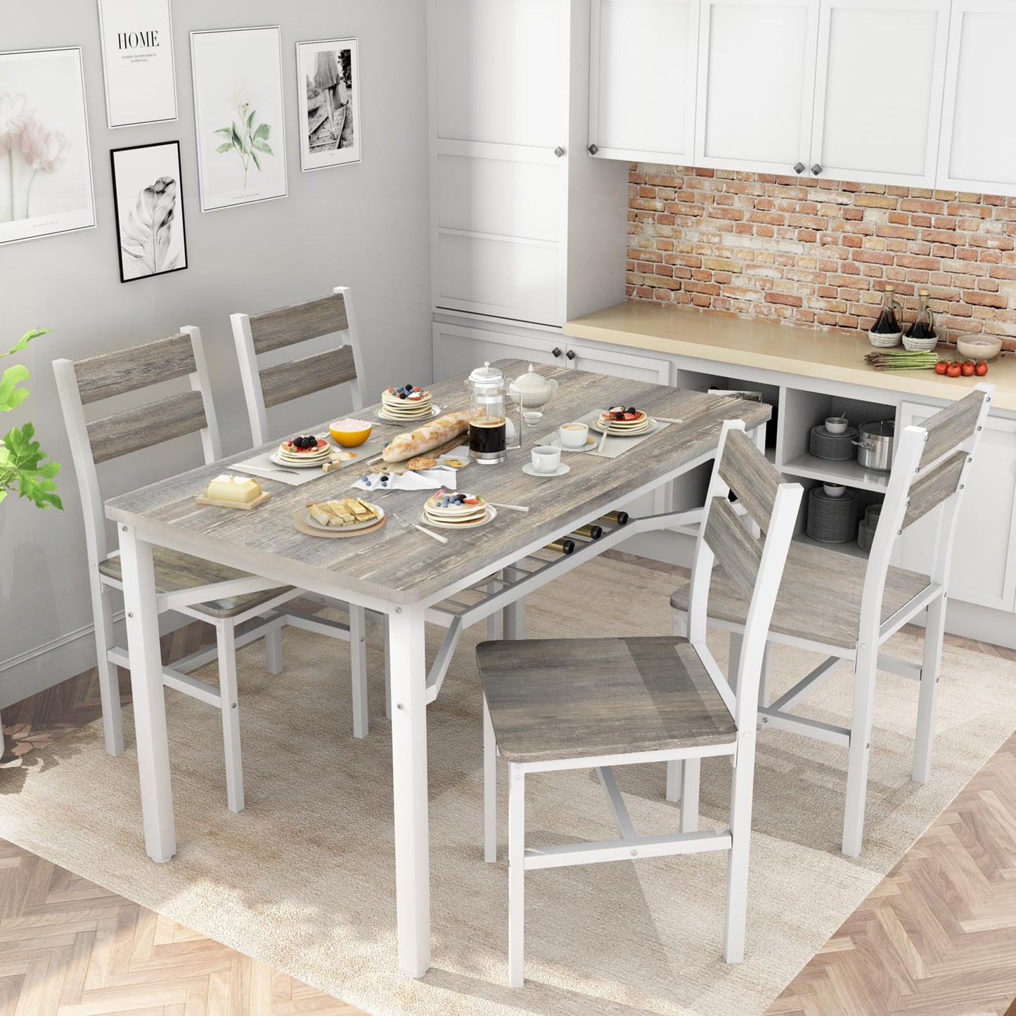 Hooseng Dining Table Set for 4, Wood Kitchen Table Chairs Set with Storage, Farmhouse 5 Piece Dining Room Table Set, Space-Saving Dinette Set for Breakfast Nook, Apartment