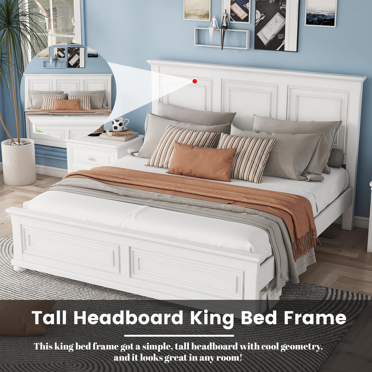 Duxelifin King Size Platform Beds for Bedroom, Tall Headboard King Bed Frame with Footboard, Pinewood Antique Bed Frame, Farmhouse Style, Noise-Free, No Box Spring Needed, White