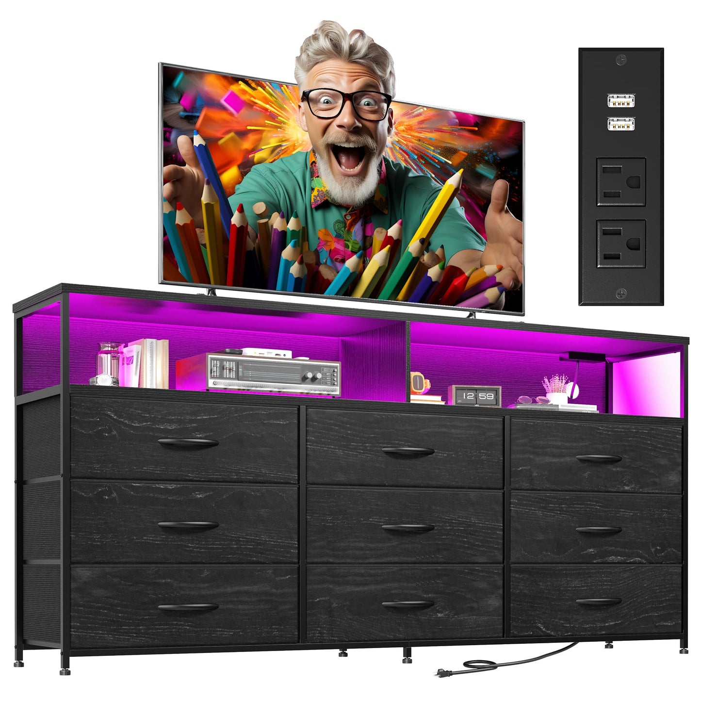 EnHomee 55” W Black Dresser for Bedroom with Charging Station & LED, 65" TV Stand for Bedroom with 9 Fabric Drawers, Sturdy Chest of Drawers with Open Storage Shelves for Closet, Living Room