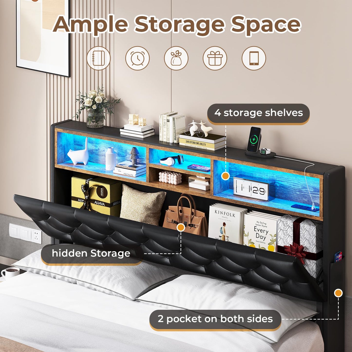 Queen Bed Frame with 3-Tier Headboard & Hidden Storage, Upholstered LED Bed Frame with 4 Drawers and Charging Station,Platform Metal Bed Frame with Storage, No Box Spring Needed, PU Black