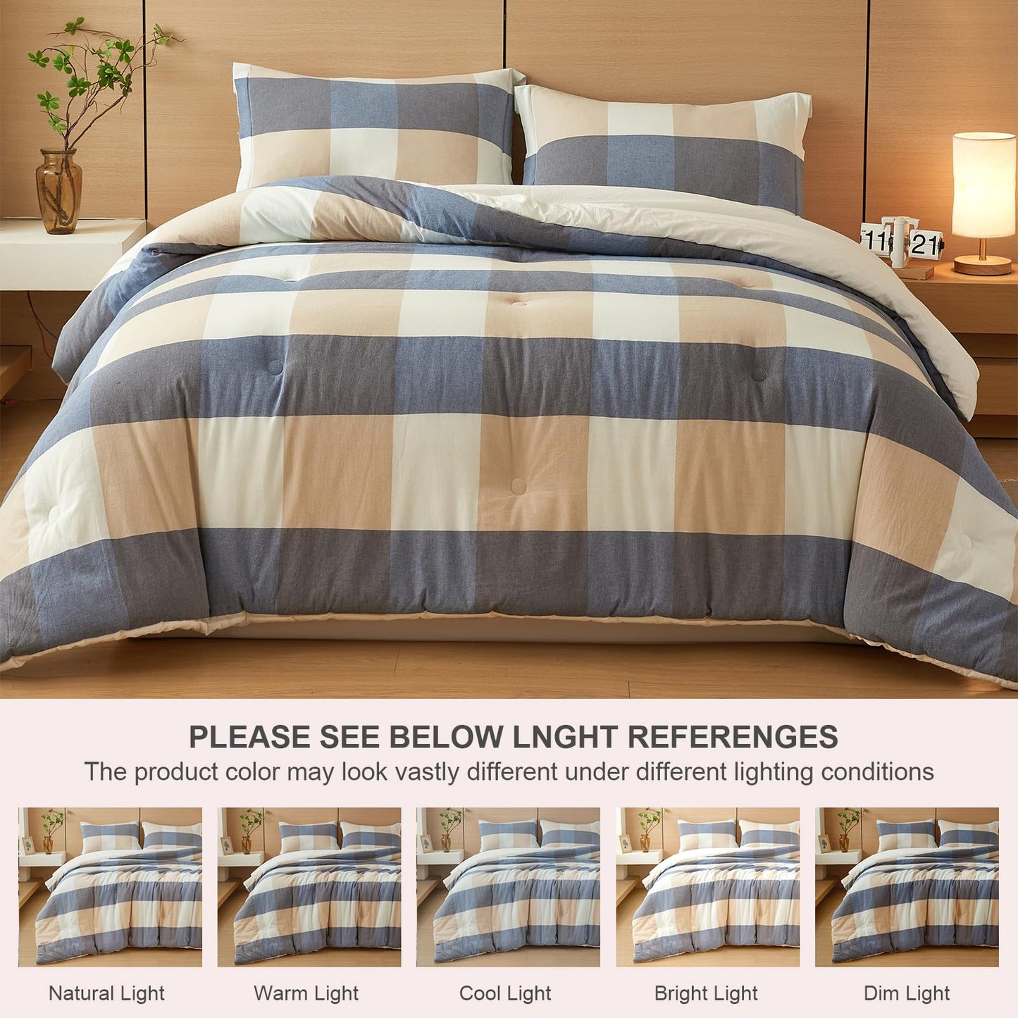 hadamick 100% Cotton Comforter Set Twin Size – Reversible Yarn-Dyed Checkered Design, Soft Washed Cotton on Both Sides, Lightweight All-Season Bedding, Machine Washable(Blue White Plaid, 68”x90”)