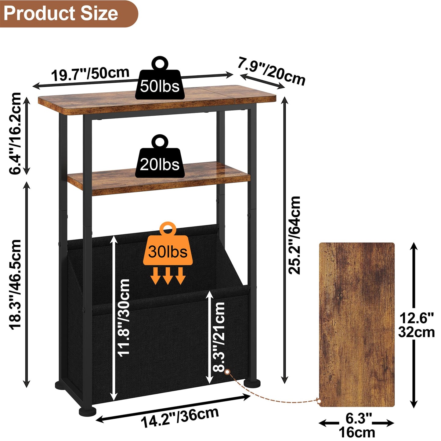 Yusong Narrow Side Table for Small Spaces, Skinny End Table with Storage Basket, 3 Tier Slim Sofa Couch Bedside Table, Thin Nightstand for Bedroom, Living Room, Rustic Brown
