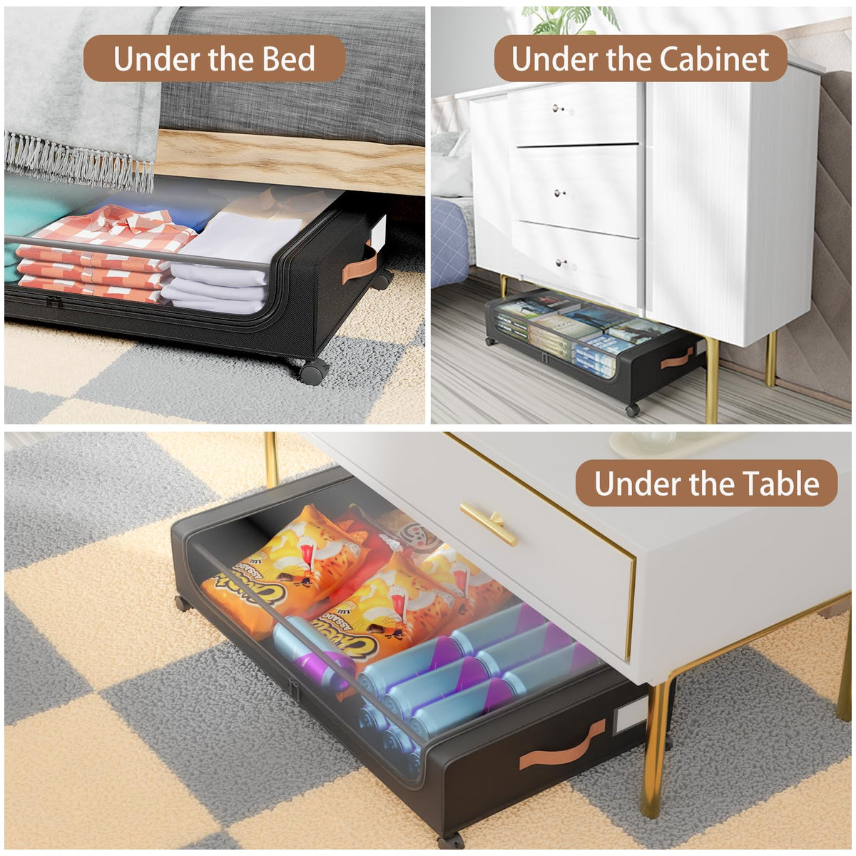Futego Under Bed Storage with Wheels, UnderBed Storage Containers with Clear Lid and Handles, Under the Bed Storage Bins Drawers for Clothes,Blankets,Shoes,Books (BLACK, 2 PACK)