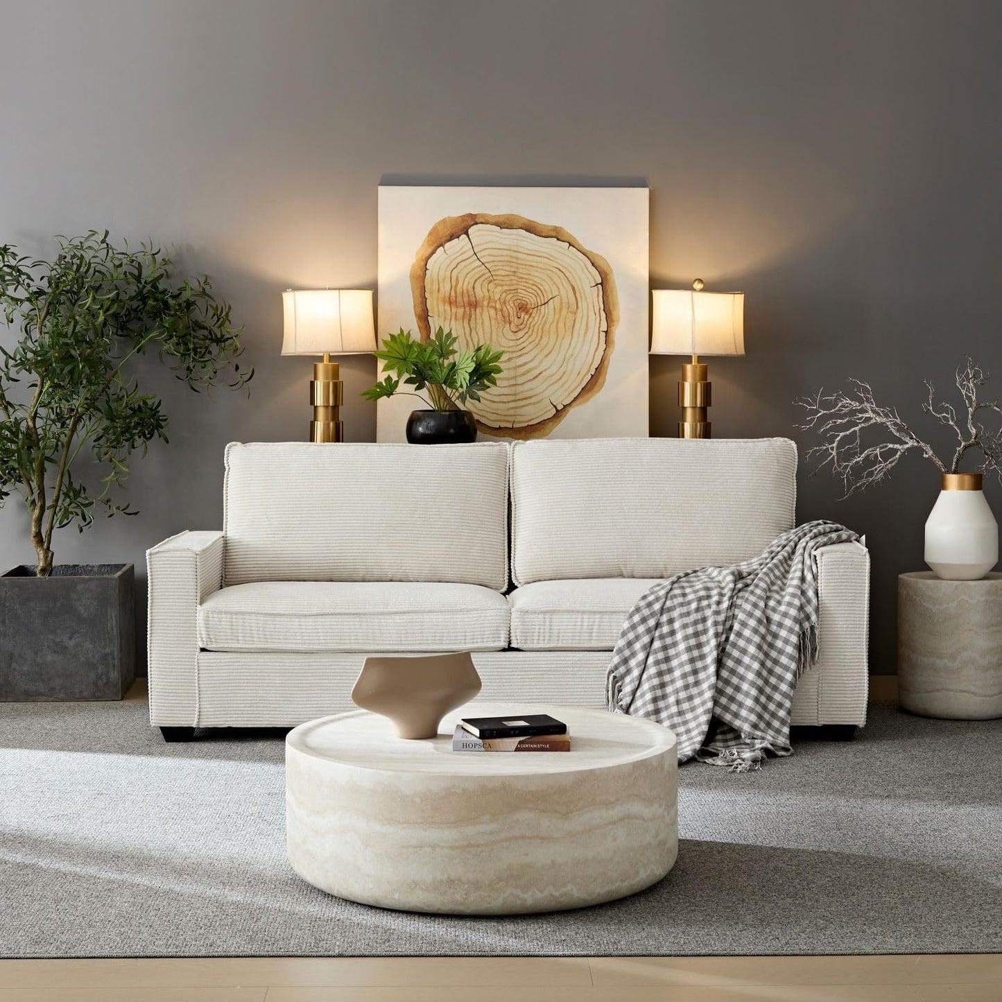 KEVINSPACE Travertine Coffee Table Round CoffeeTables for Living Room Modern Faux Marble Center Circle Table Concrete Accent Table Farmhouse Drum CoffeeTable for Apartment Bedroom Fiberglass ø31.5