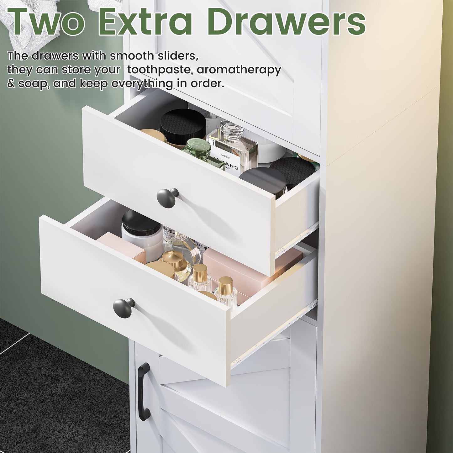 DDONGMM Tall Bathroom Storage Cabinet with 2 Drawers, Farmhouse Narrow Storage Unit with 2 Doors and Adjustable Shelves, 67" Tall Cabinet for Bathroom, Kitchen, Home Office (White, 1 Piece)