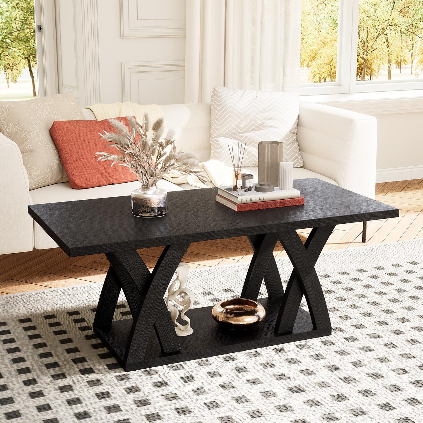 FROMJBEST Farmhouse Coffee Table with Shelf, Mordern CoffeeTable, Black Coffee Table Living Room, Living Room Tables,47” Black with Grey