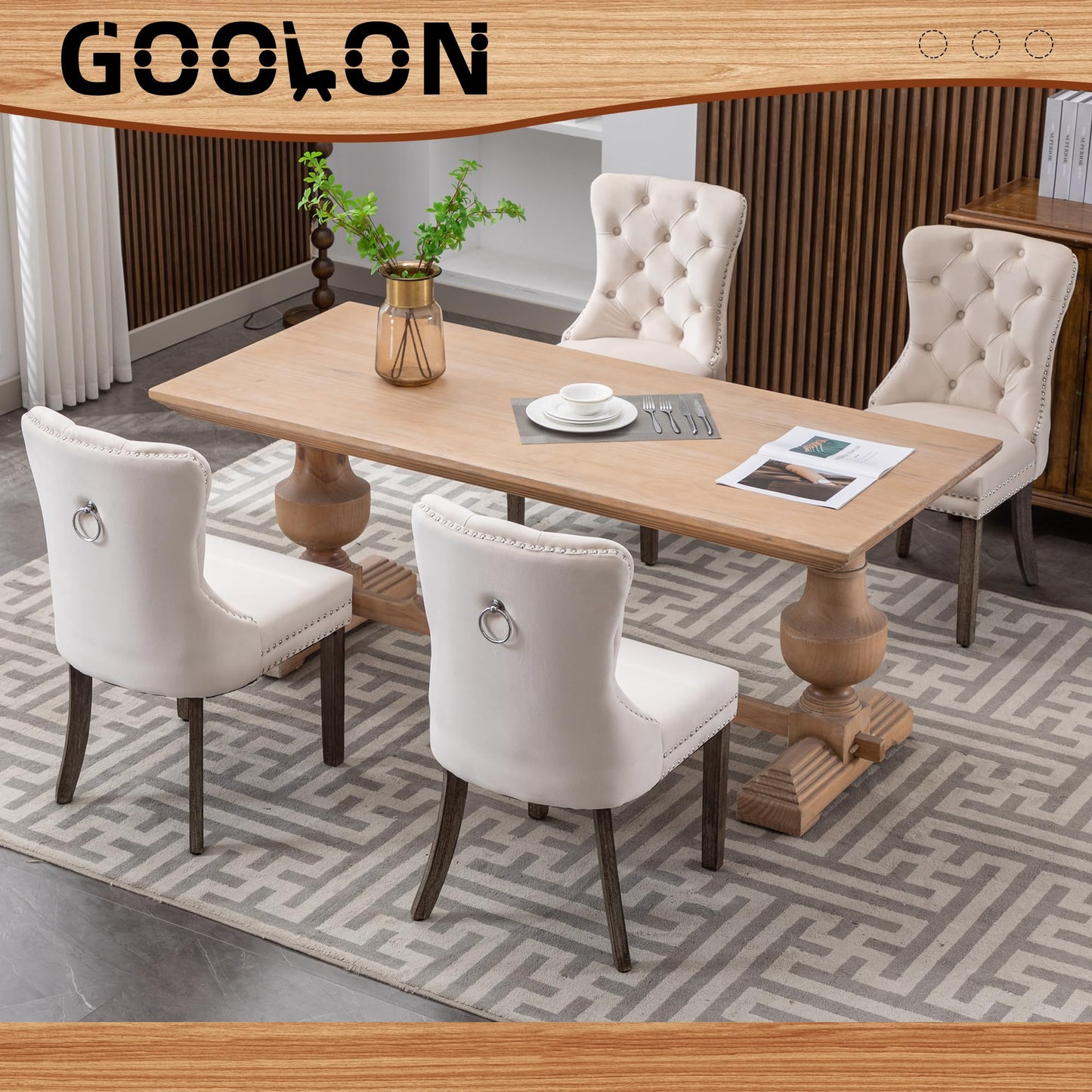 GOOLON Dining Room Chairs Set of 2, Velvet Button Tufted Dining Chairs with Rivet Trim Metal Pull Ring Wood Legs for Kitchen Restaurant Dining Room, Beige